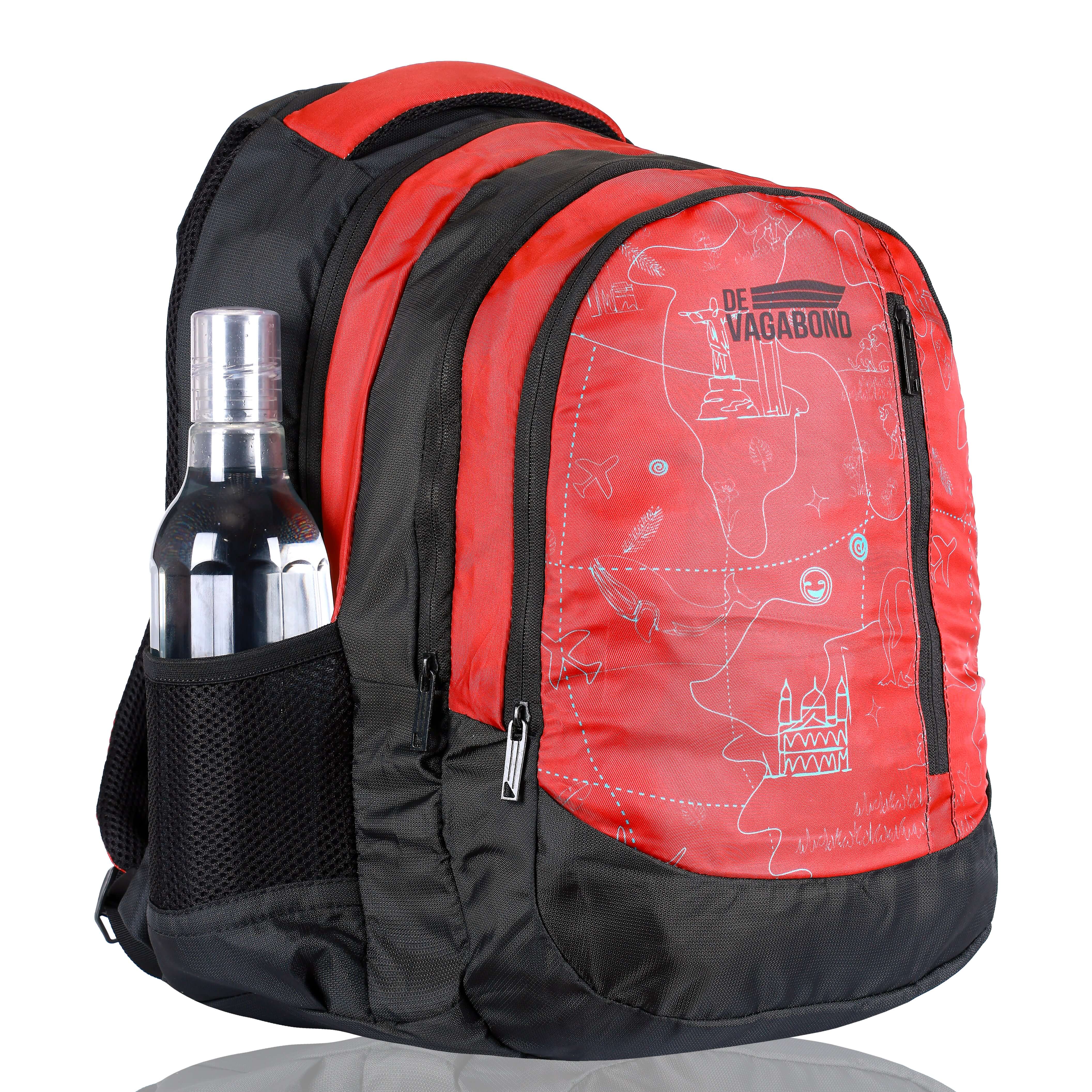 Jezz school backpack 35 L. (red) with water bottle holder, durable fabric, multiple compartments for school essentials.