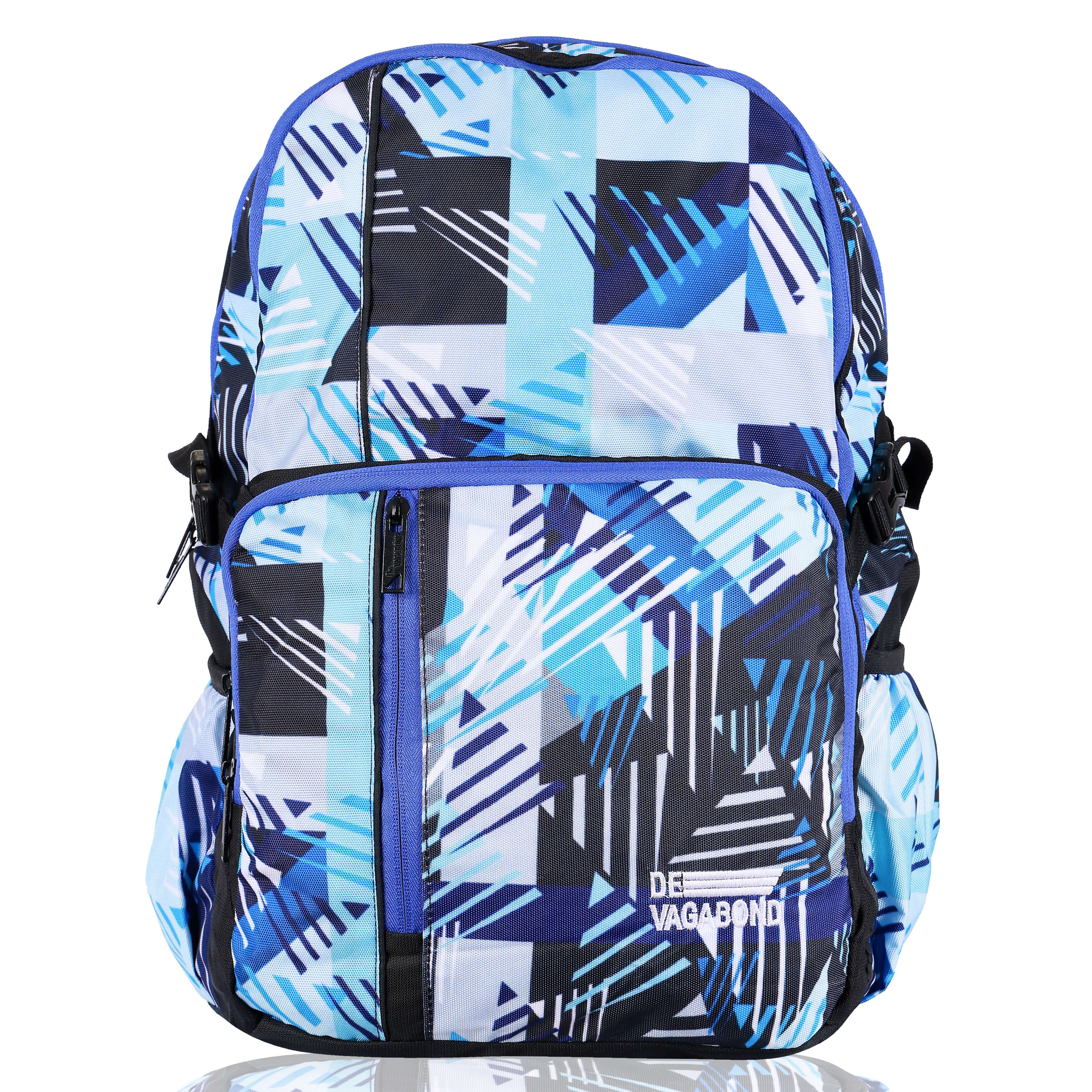 Tom 1.21 casual school backpack 33L with a stylish geometric design in blue and black color scheme.