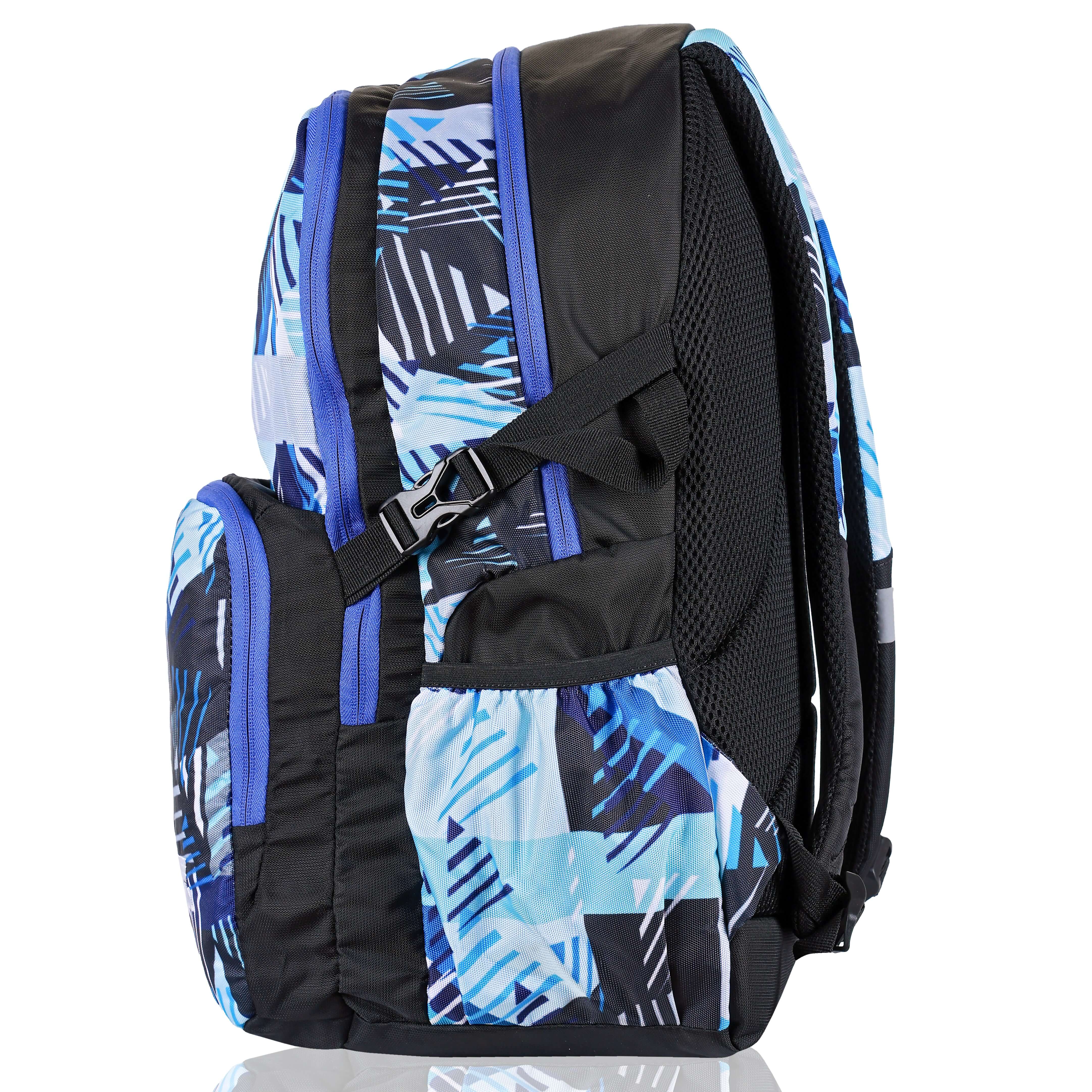 Tom 1.21 casual school backpack 33L in black and blue geometric design, perfect for school and travel.