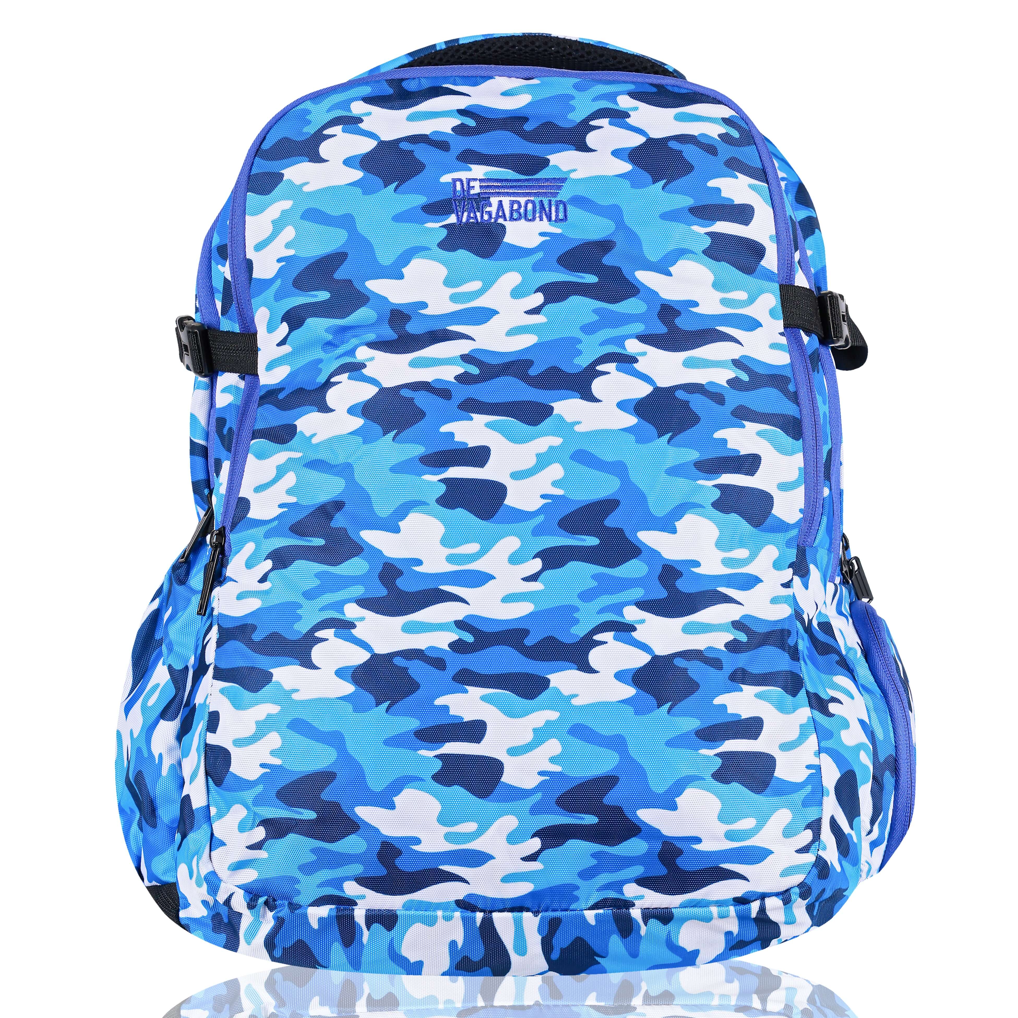 Splash 3.21 school/college bag 45L. with shoe compartment (Blue) featuring a vibrant camo design.