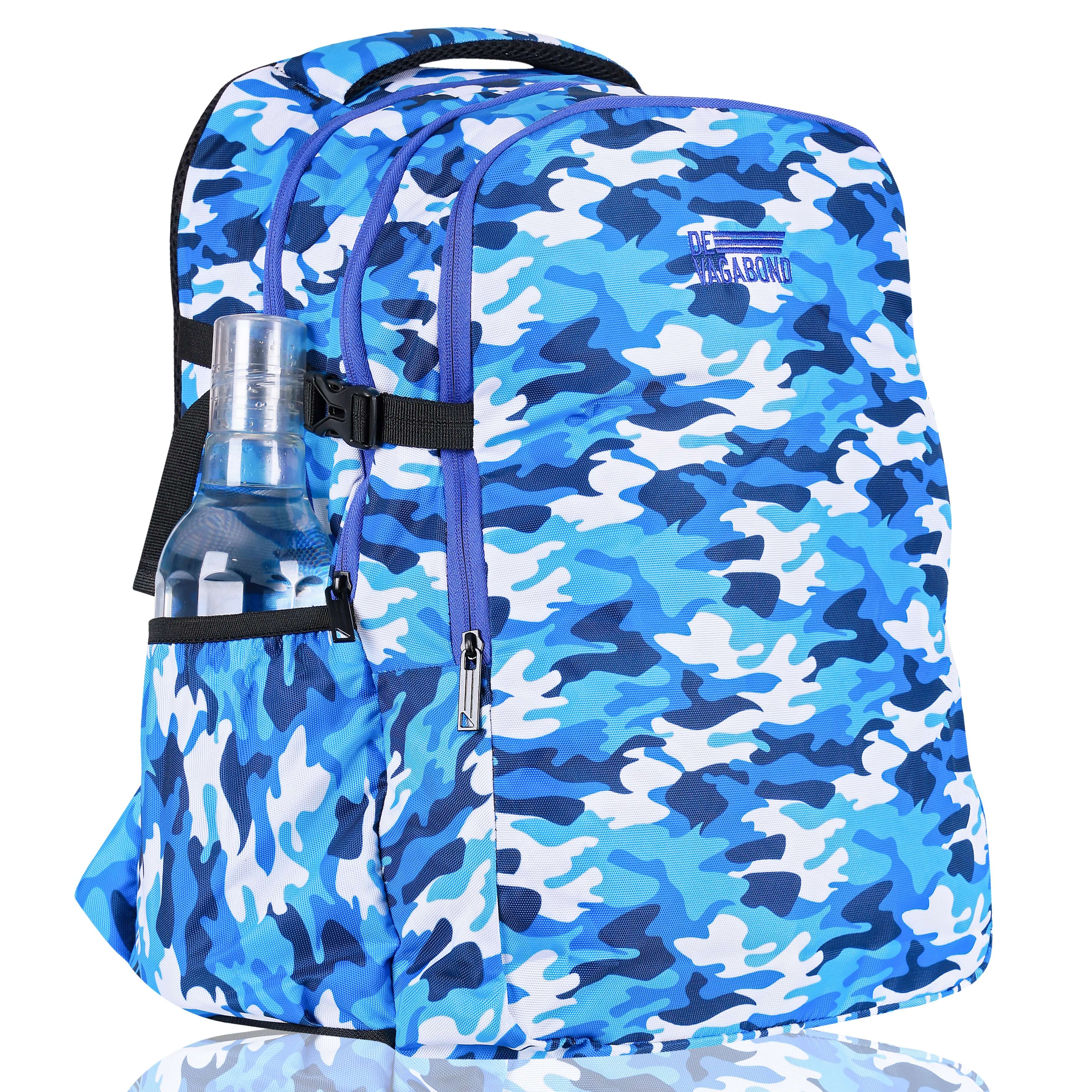 Splash 3.21 school/college bag 45L. with shoe compartment (Blue) featuring camouflage design and water bottle holder.