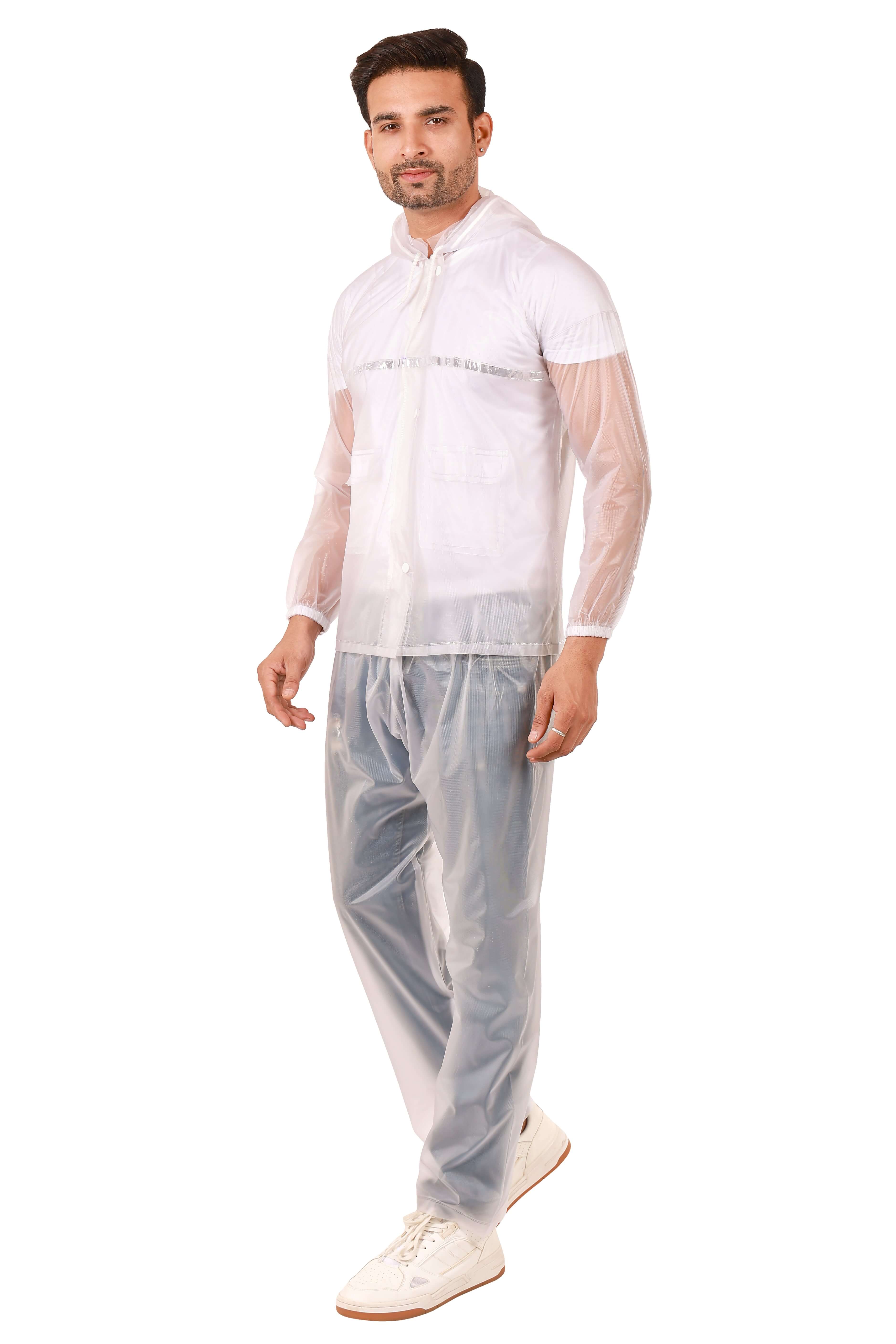 Men wearing a waterproof Rainwear Jacket with Pant PVC, featuring an adjustable hood and elastic waist pants.