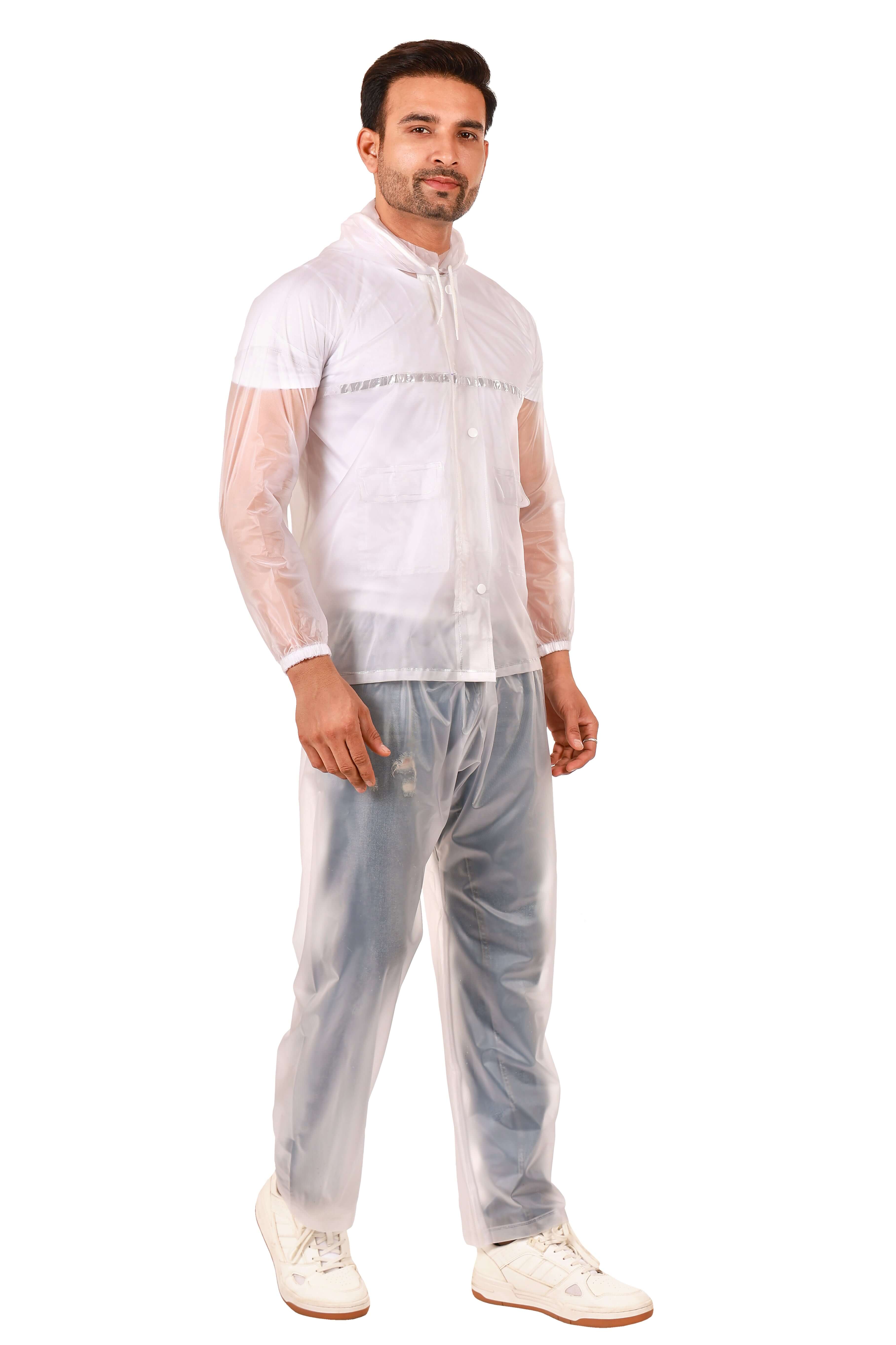 Rainwear Jacket with Pant PVC model wearing waterproof rain suit with adjustable hood and elastic waist pants.