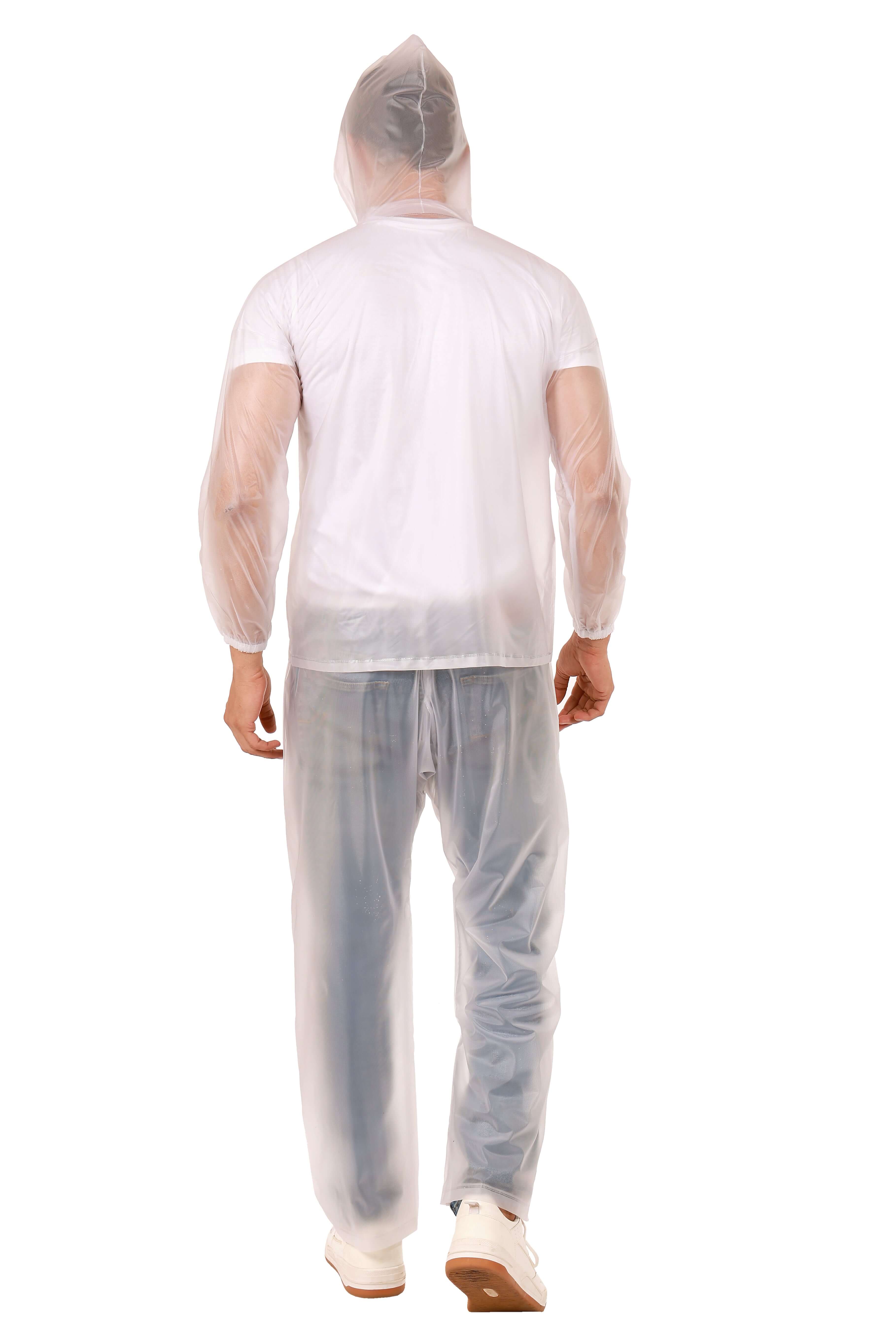 Back view of a man wearing a clear Rainwear Jacket with Pant PVC, showcasing waterproof design for rainy weather.