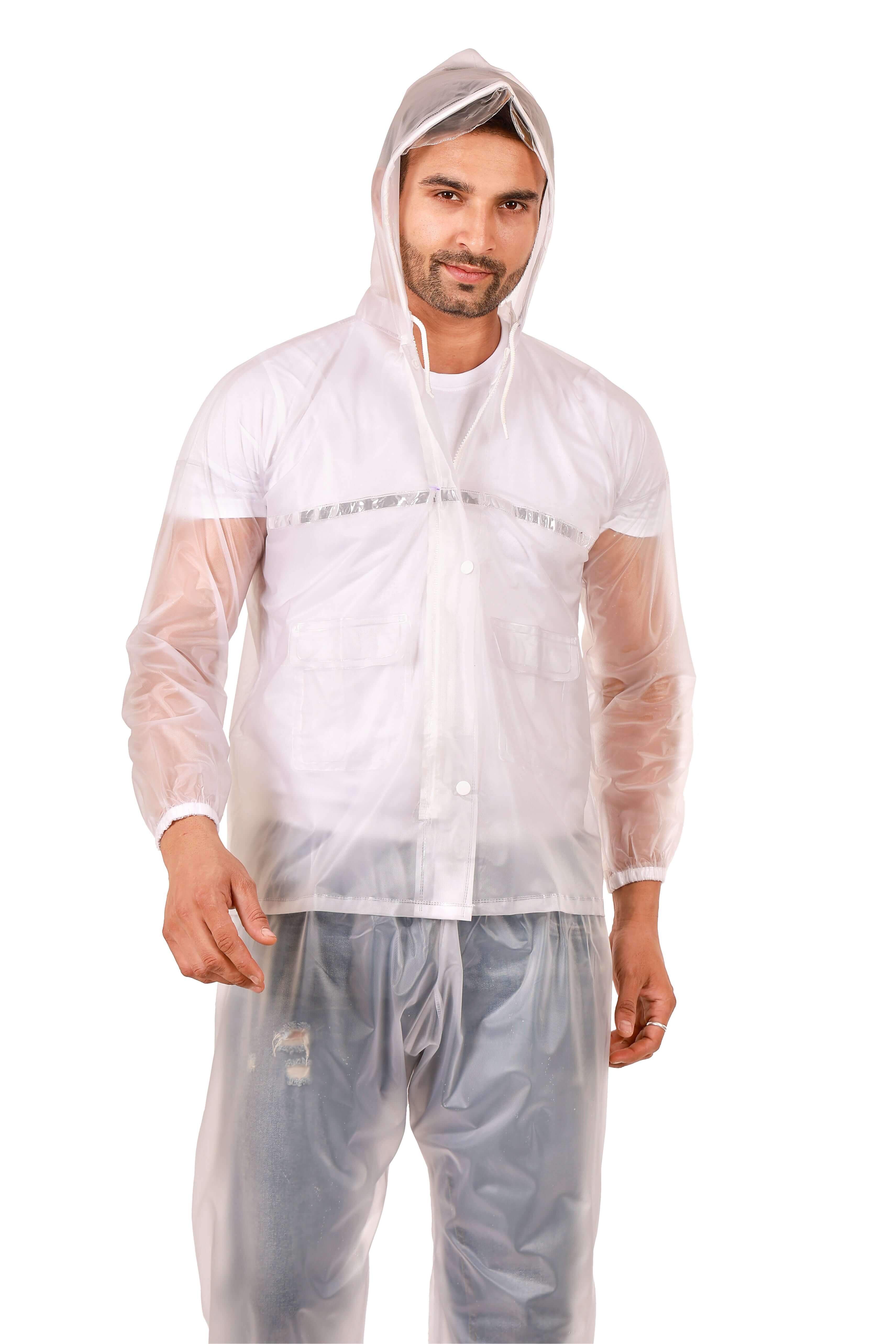 Man wearing Rainwear Jacket with Pant PVC in clear waterproof material.