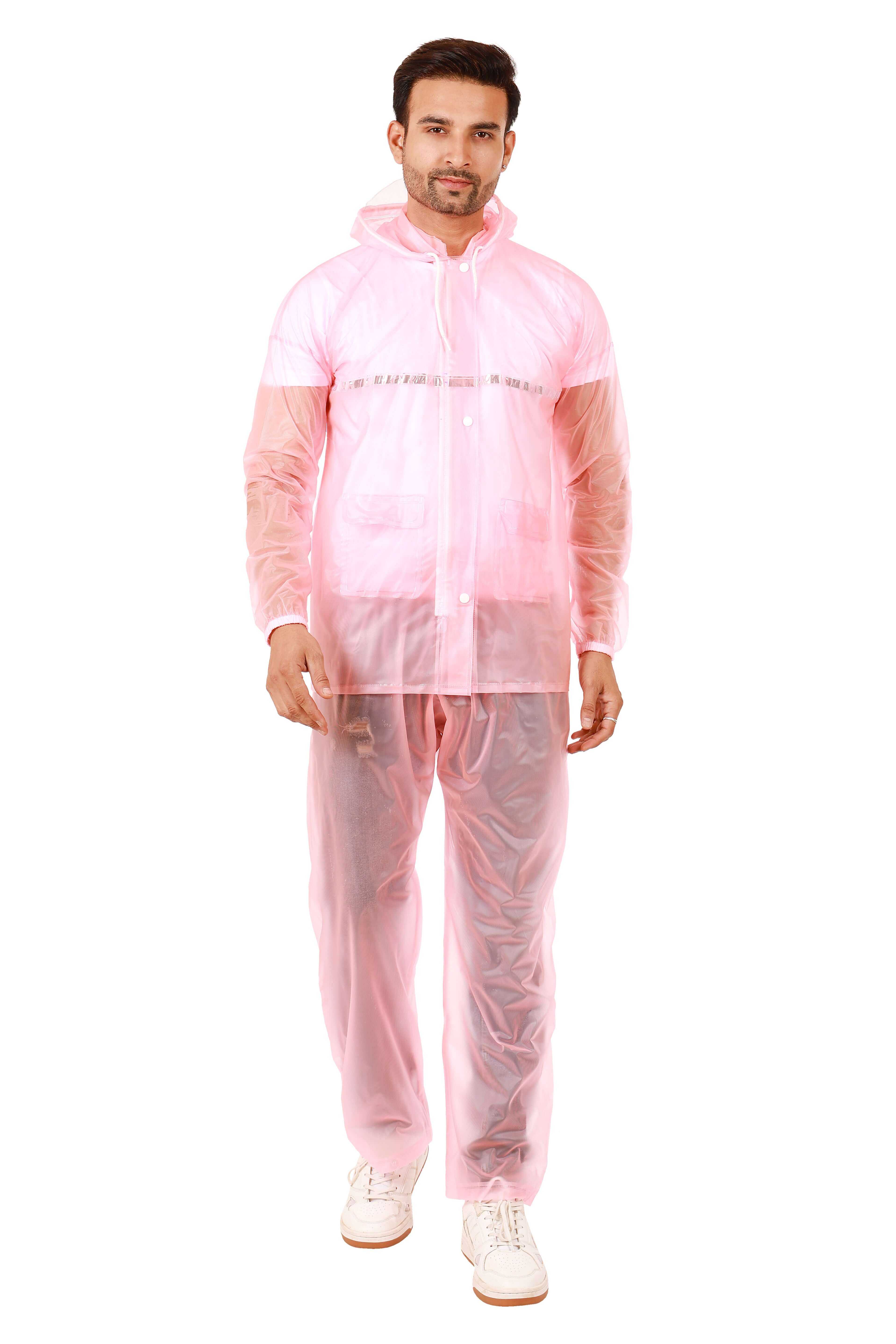 Rainwear jacket with pant PVC transparent for men, featuring a hood and full zipper.