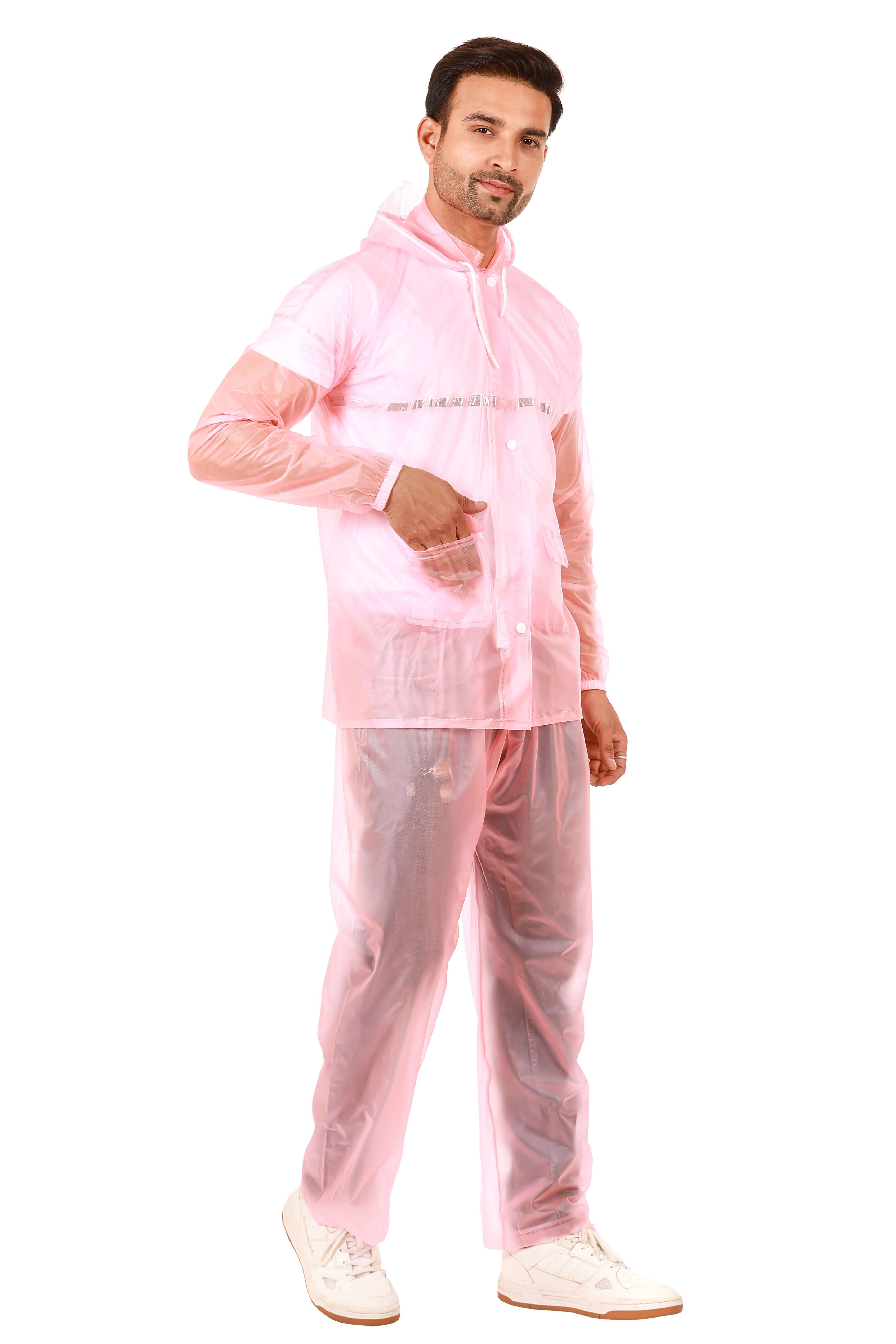 Rainwear jacket with pant PVC transparent worn by a man, featuring a pink color and adjustable hood.