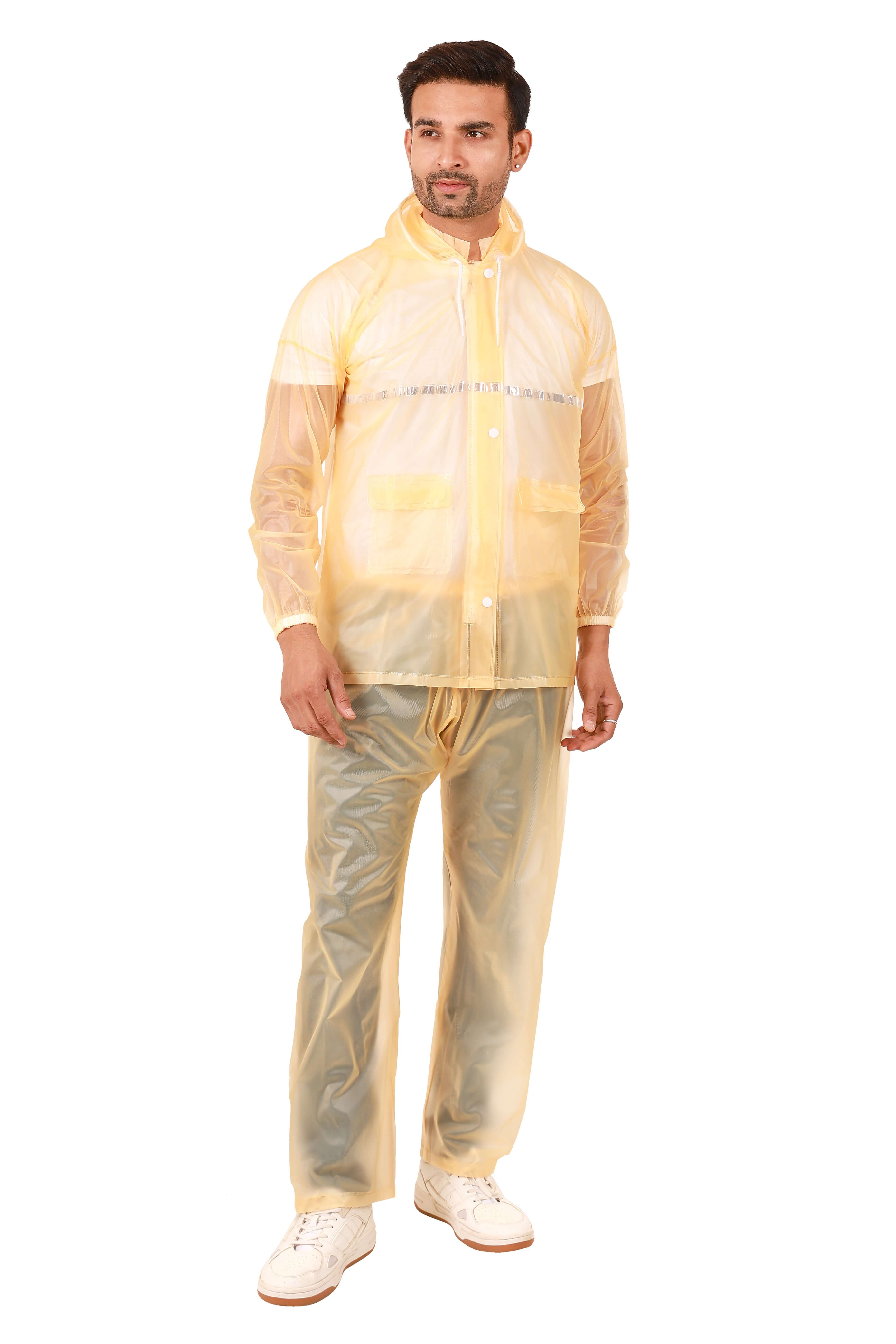 Rainwear Jacket with Pant PVC worn by a man, showcasing its waterproof features and stylish design.