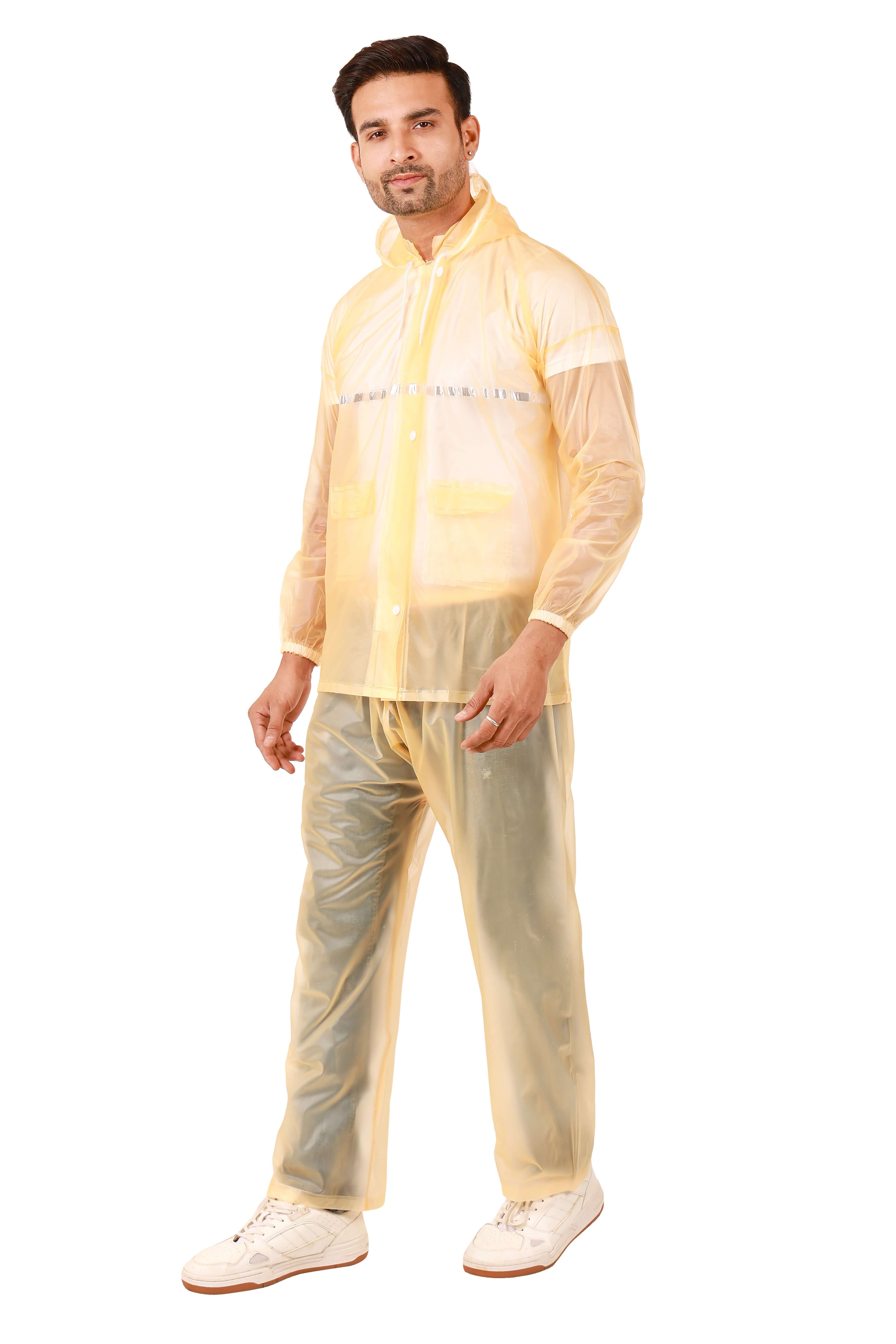 Men wearing a Rainwear Jacket with Pant PVC, showcasing a waterproof rain suit with adjustable hood and elastic waist pants.