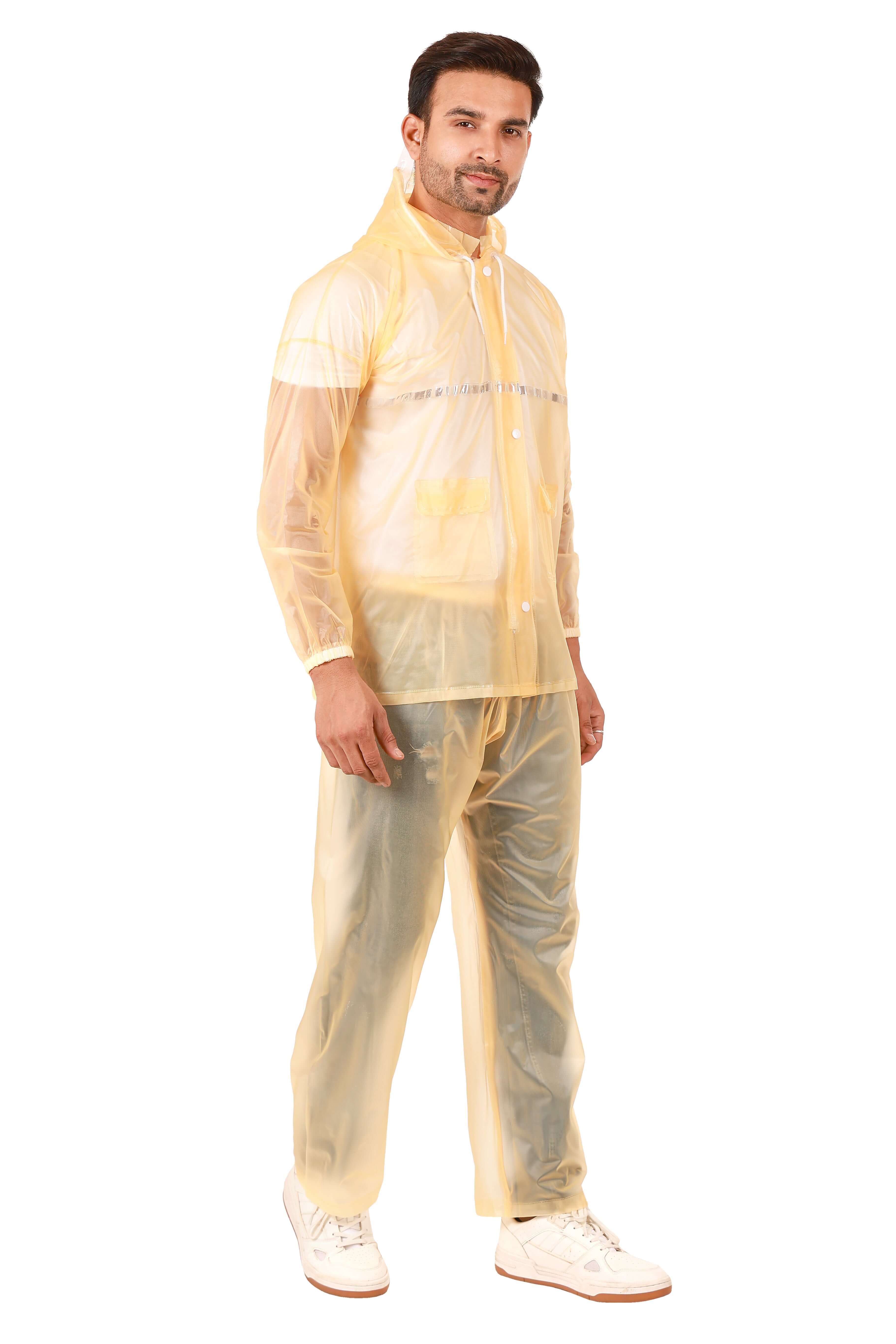 Rainwear Jacket with Pant PVC worn by a man, featuring a transparent yellow design perfect for wet weather.
