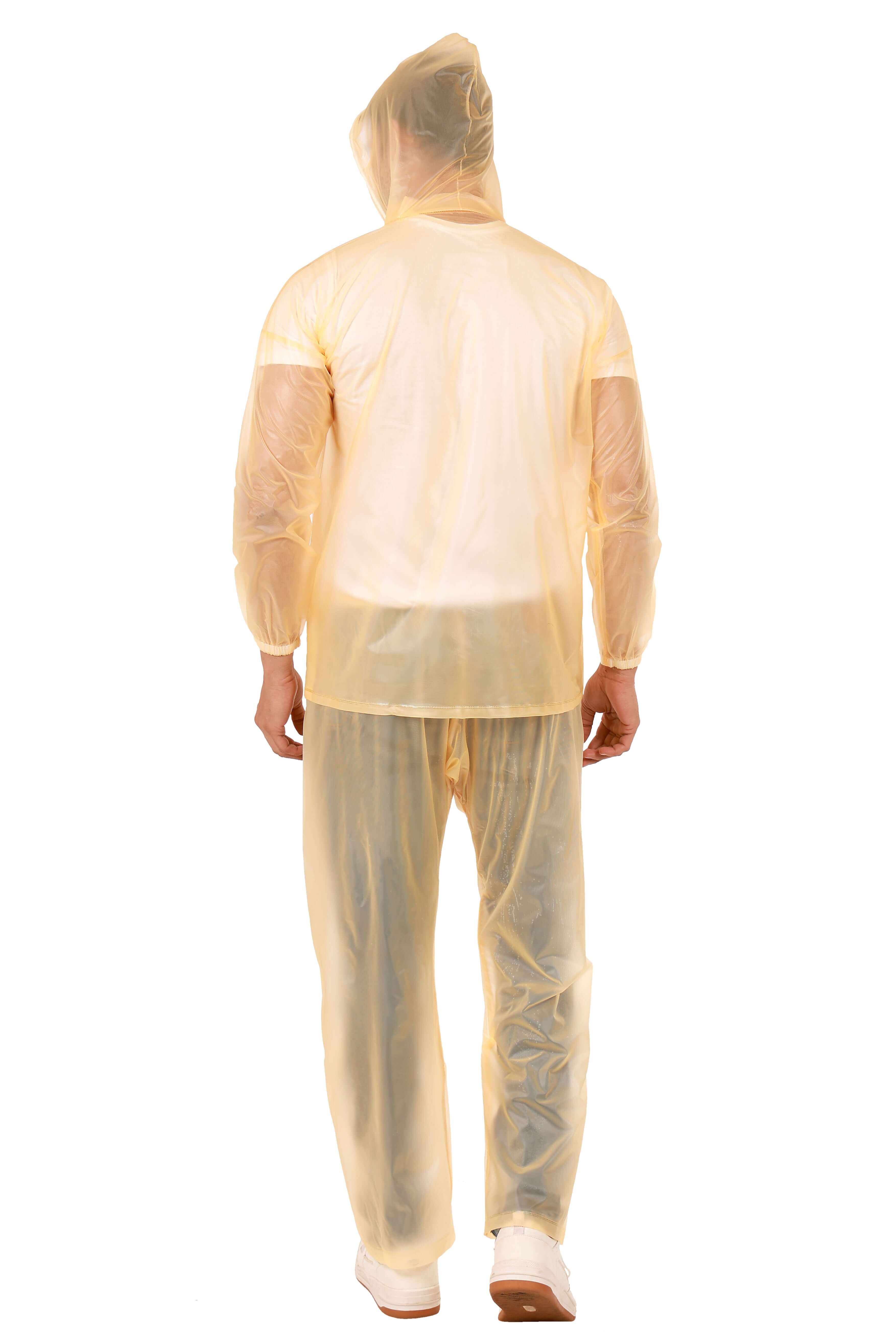Rainwear Jacket with Pant PVC modeled in yellow, showcasing adjustable hood and elastic waistband.