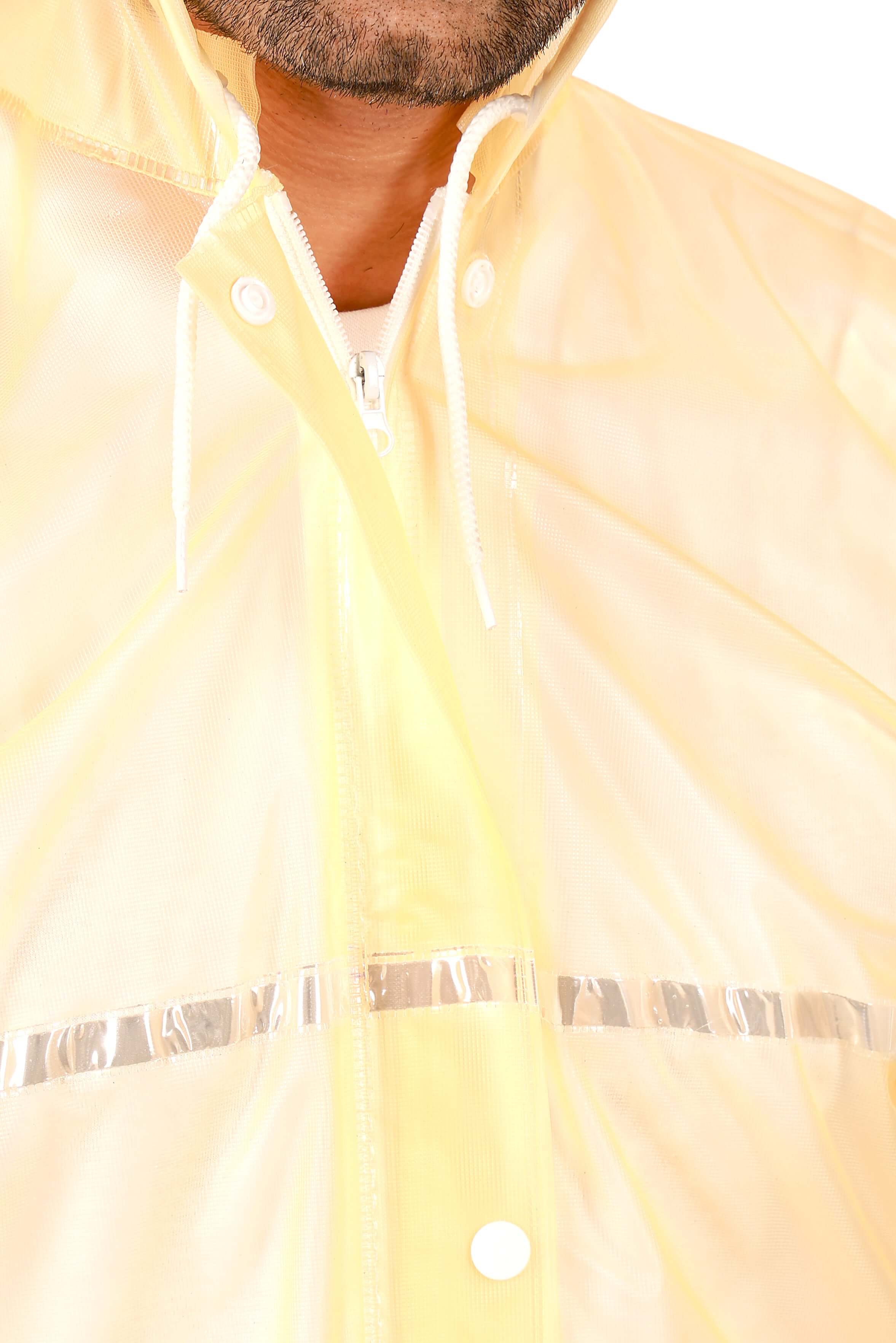 Men's Rainwear Jacket with Pant PVC featuring adjustable hood and full zipper, ideal for wet weather.