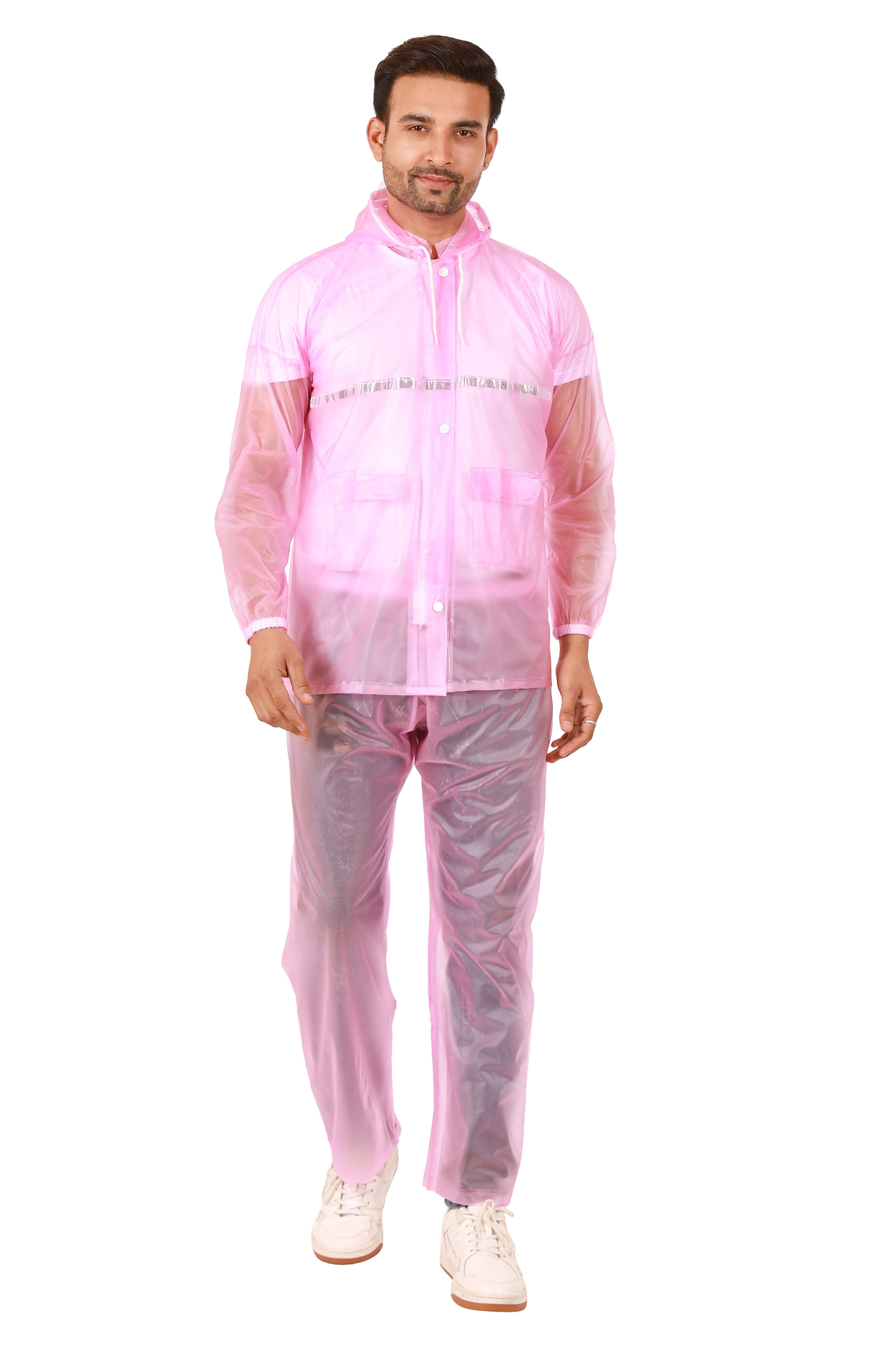 Rainwear jacket with pant pink worn by a man, showcasing adjustable hood and elastic waist.