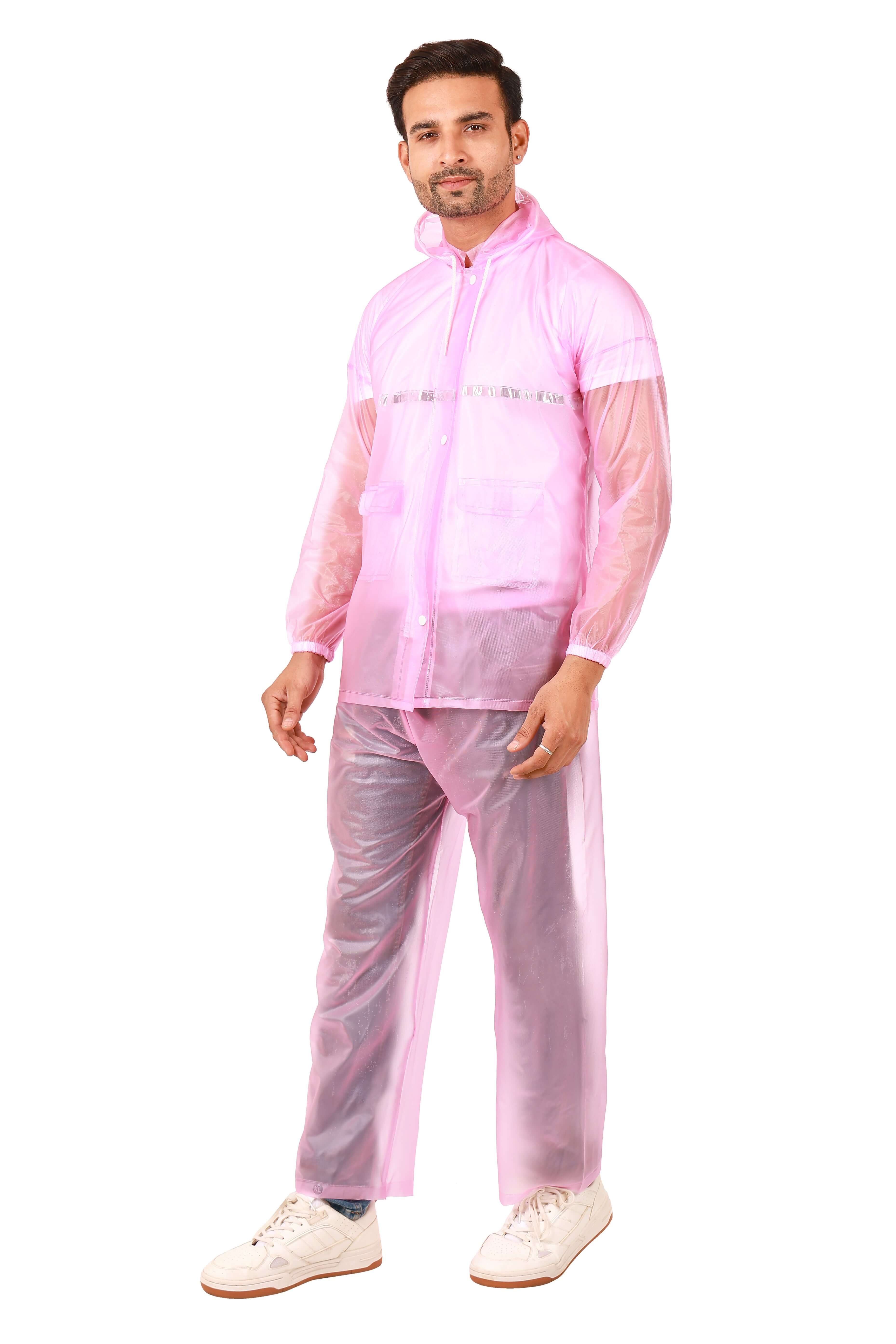 Rainwear jacket with pant pink worn by a man, featuring adjustable hood and full zipper.