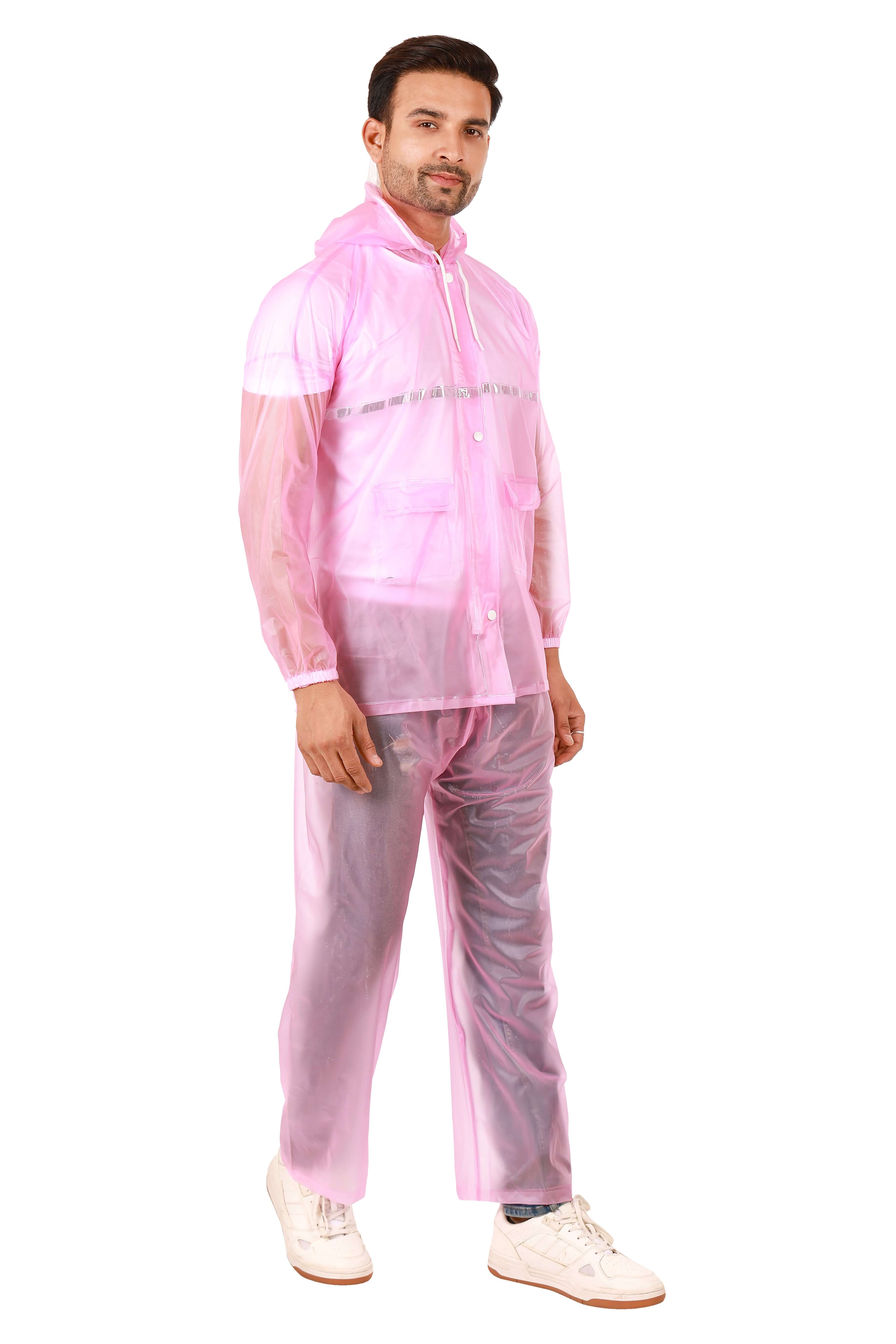 Rainwear jacket with pant pink worn by a man, showcasing its waterproof features and stylish design.
