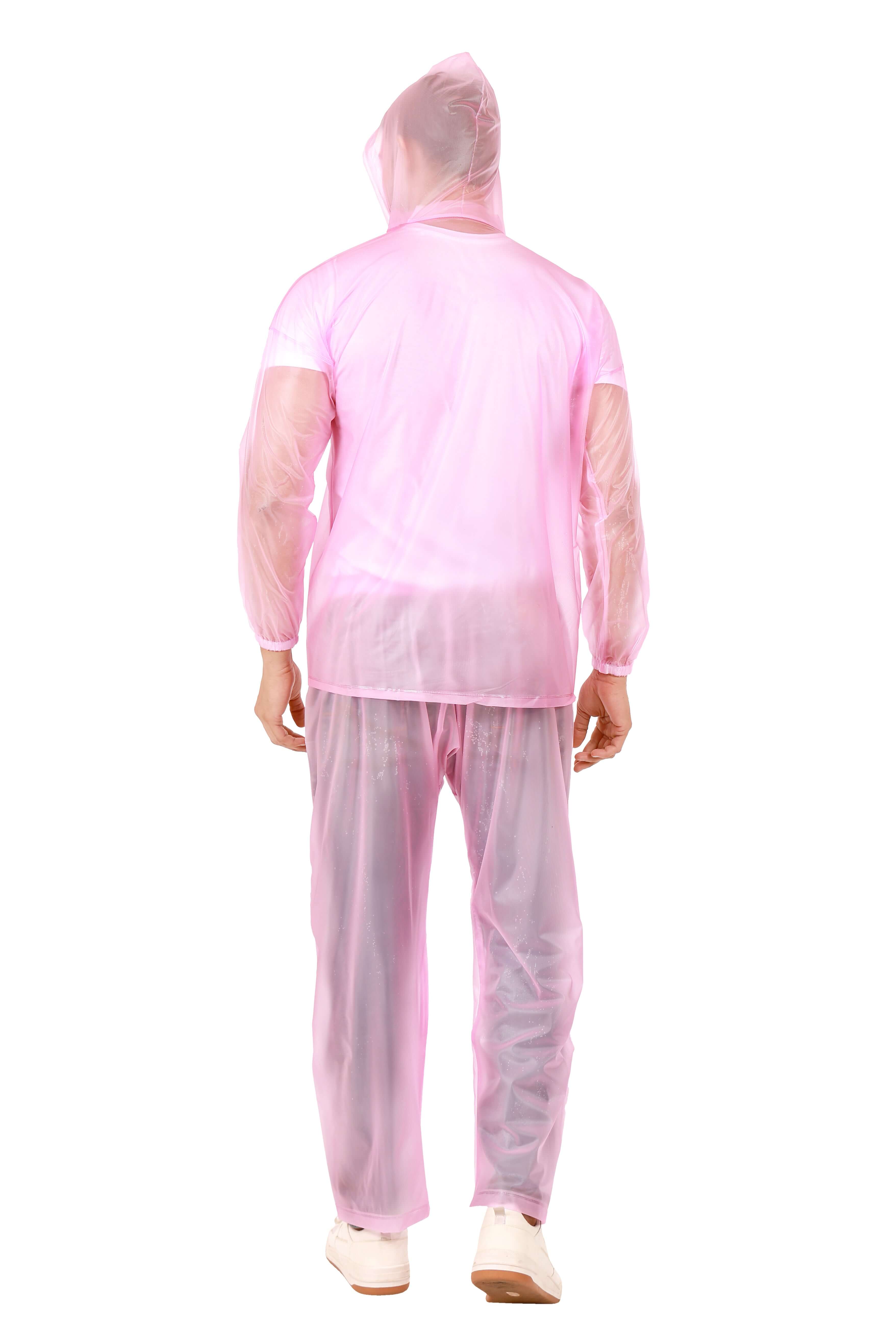 Rainwear jacket with pant pink worn by a man, showcasing the back view of the waterproof suit.