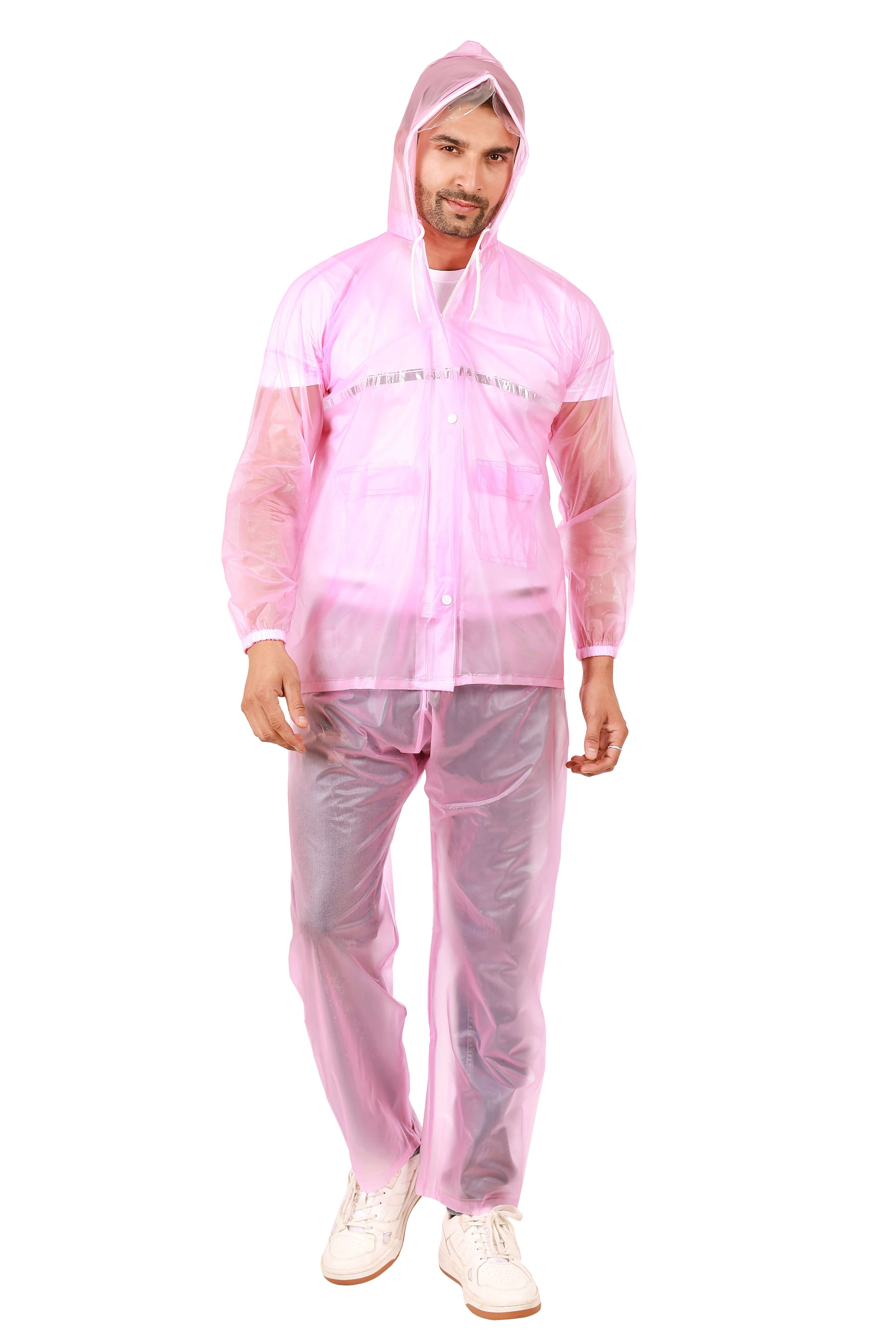 Rainwear jacket with pant pink for men, featuring adjustable hood, full zipper, and lightweight design.
