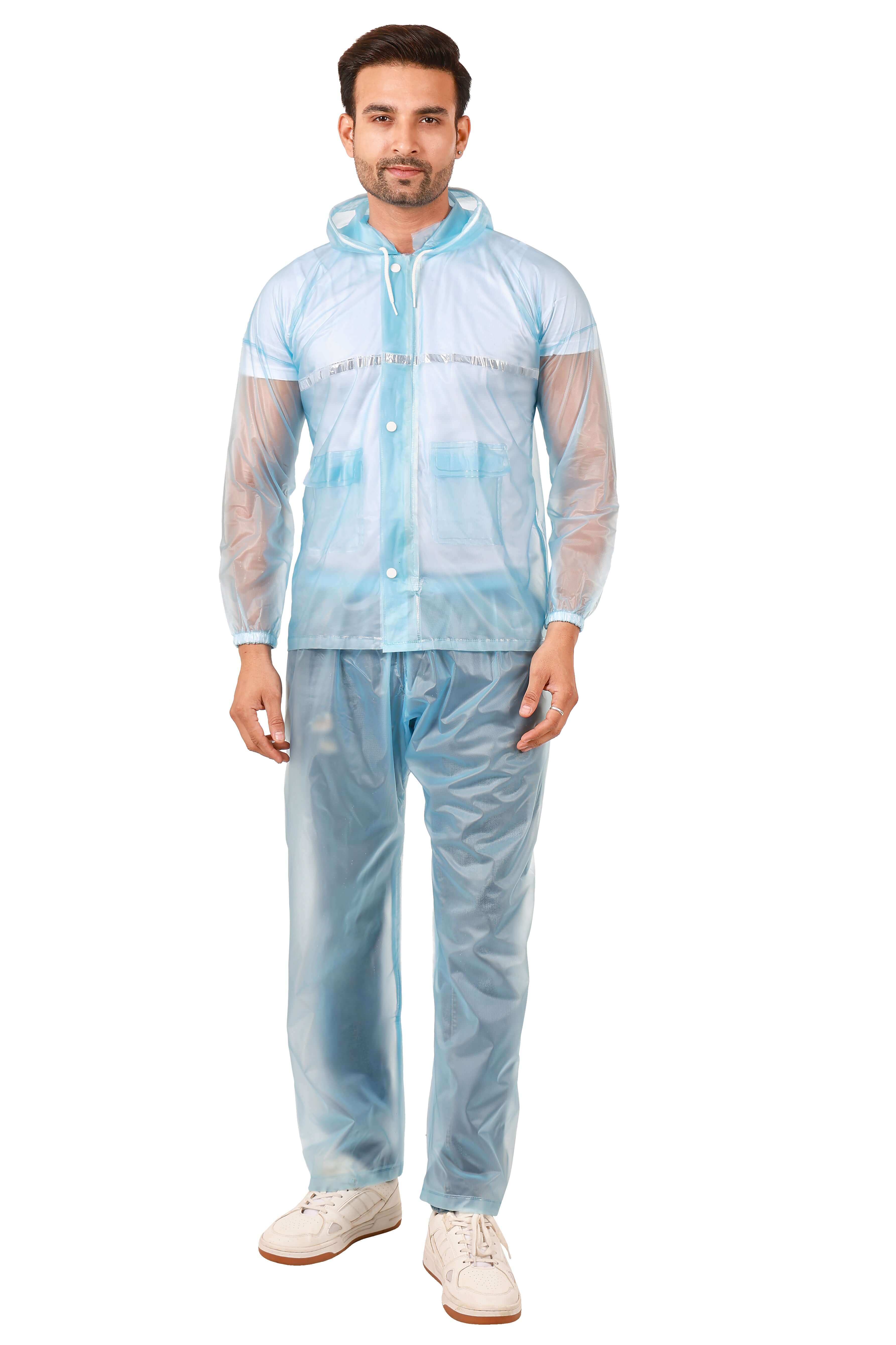 Rainwear jacket with pant Blue worn by a man, featuring a hood and elastic waist pants, ideal for wet weather.