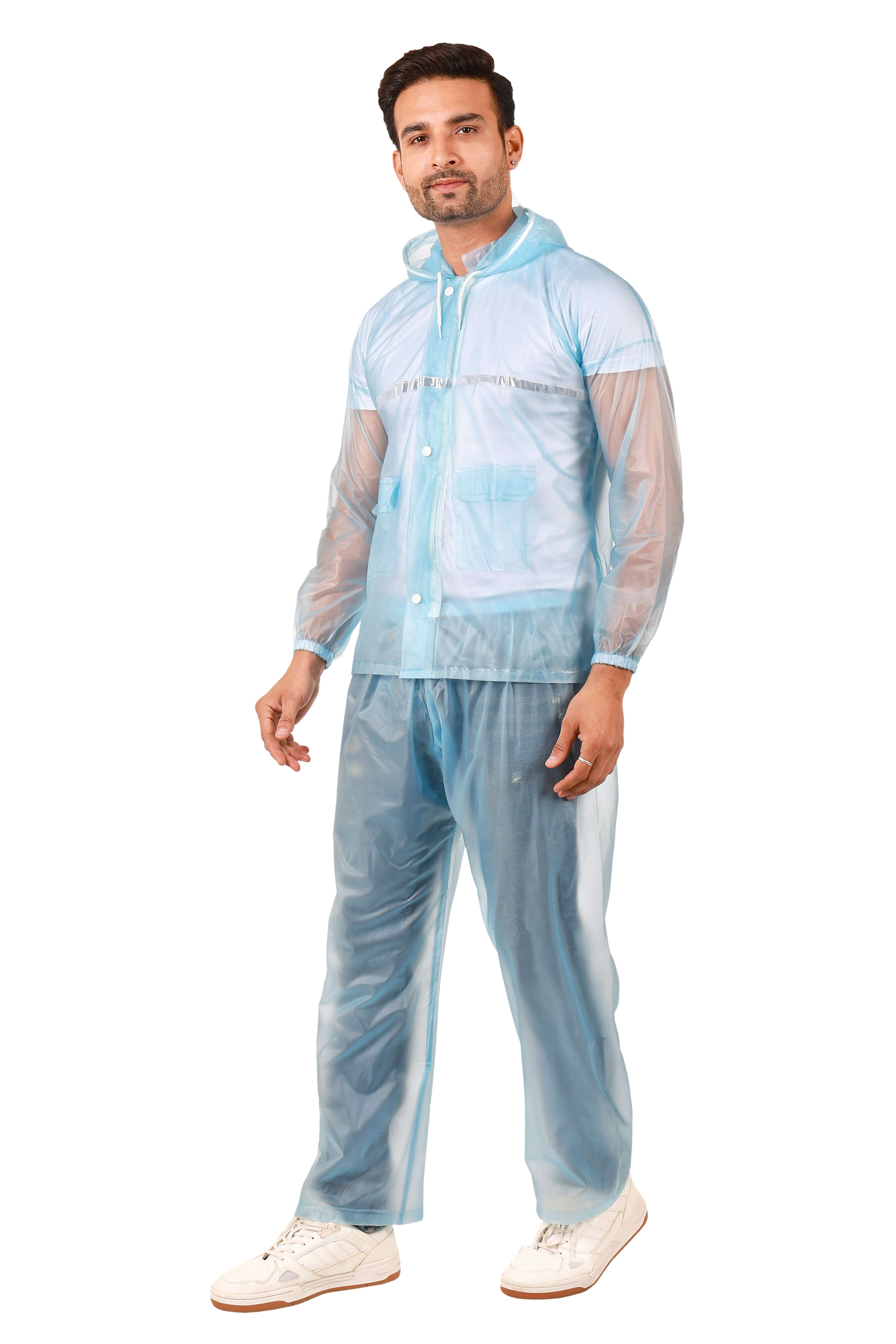 Rainwear jacket with pant Blue worn by a man, featuring a hood and front zipper for wet weather protection.