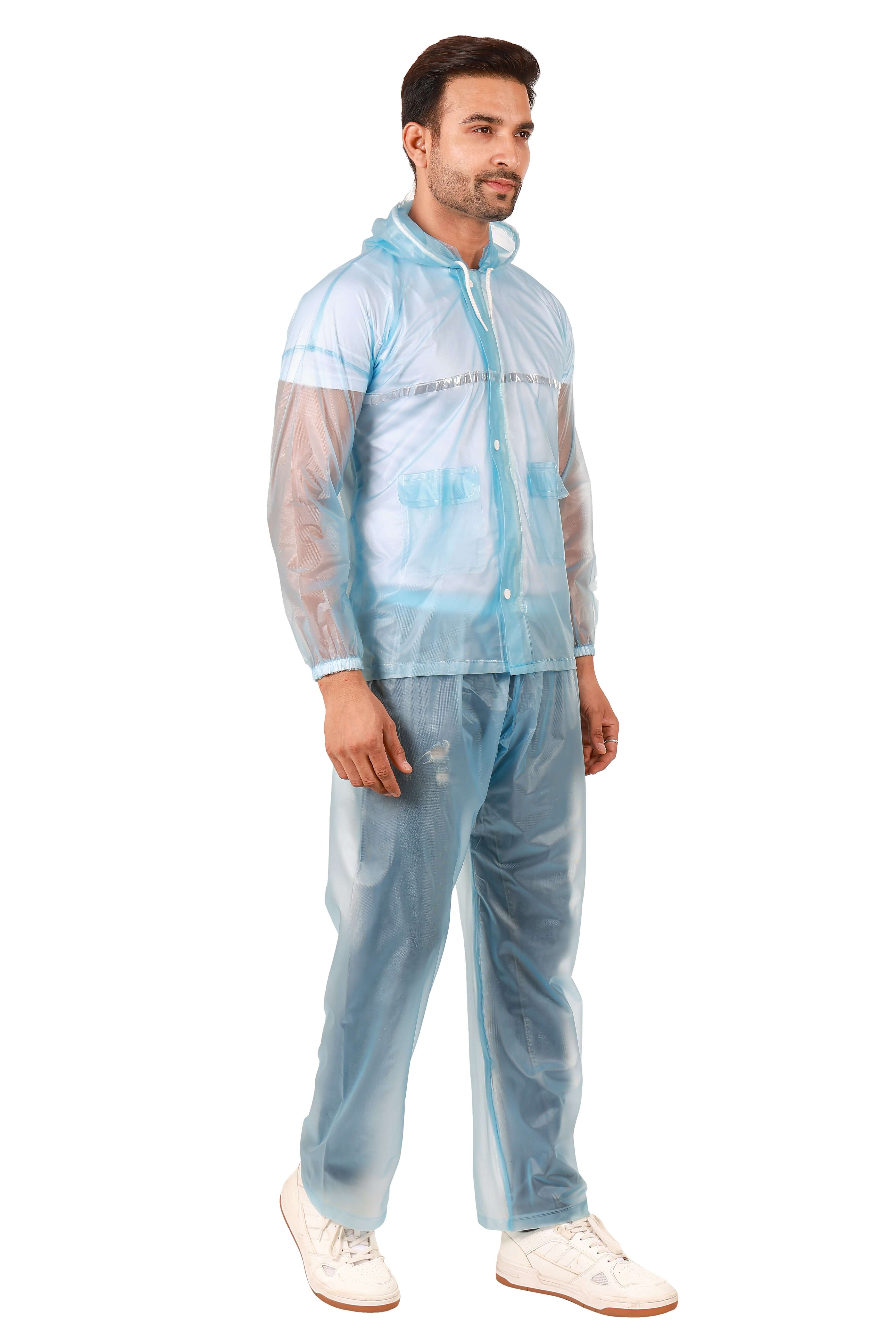 Rainwear jacket with pant Blue worn by a man, showcasing waterproof features and stylish design.