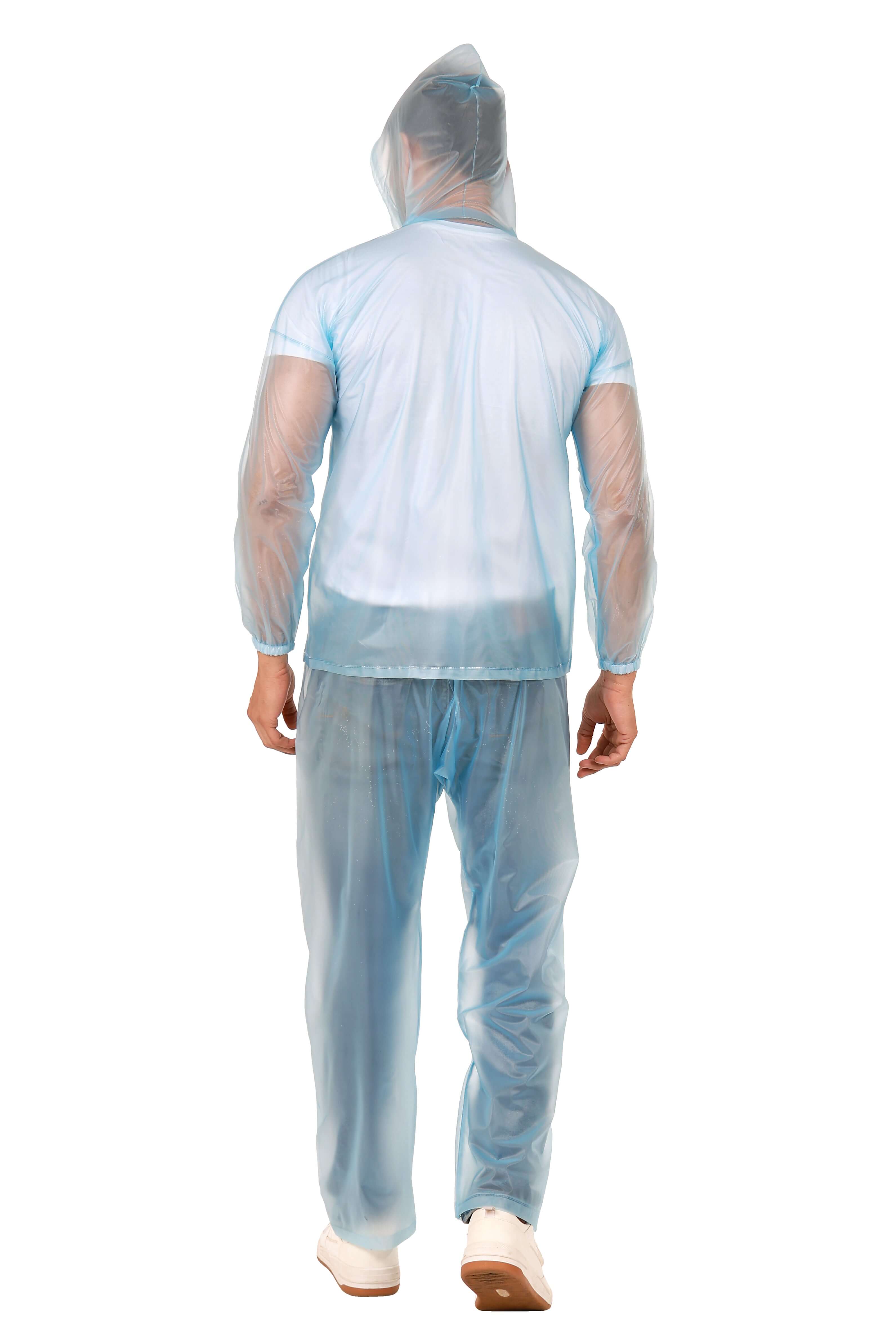 Rainwear jacket with pant Blue, men's waterproof rain suit featuring an adjustable hood and comfortable design.