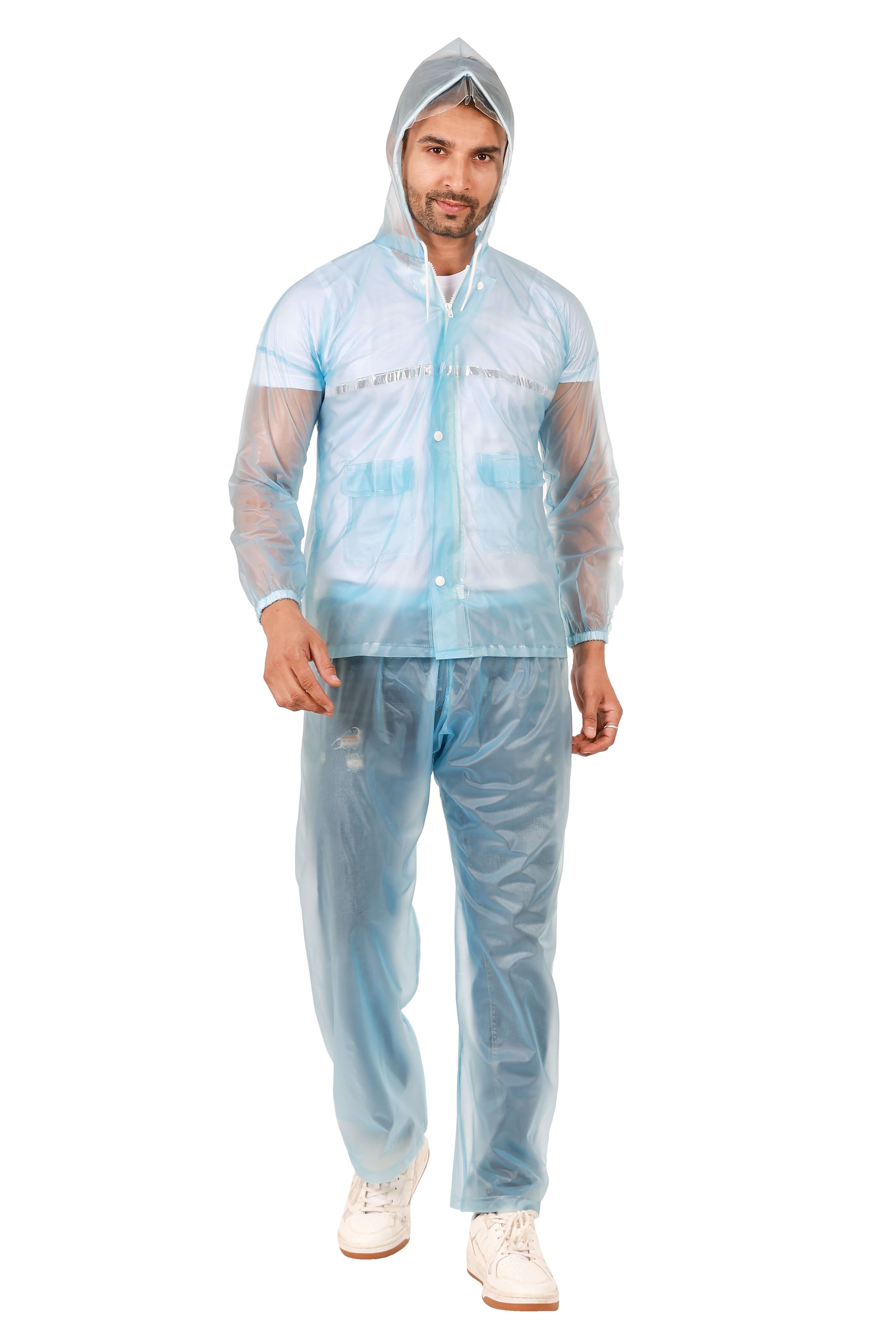Rainwear jacket with pant Blue worn by a man, featuring a hood and waterproof design for rainy weather.