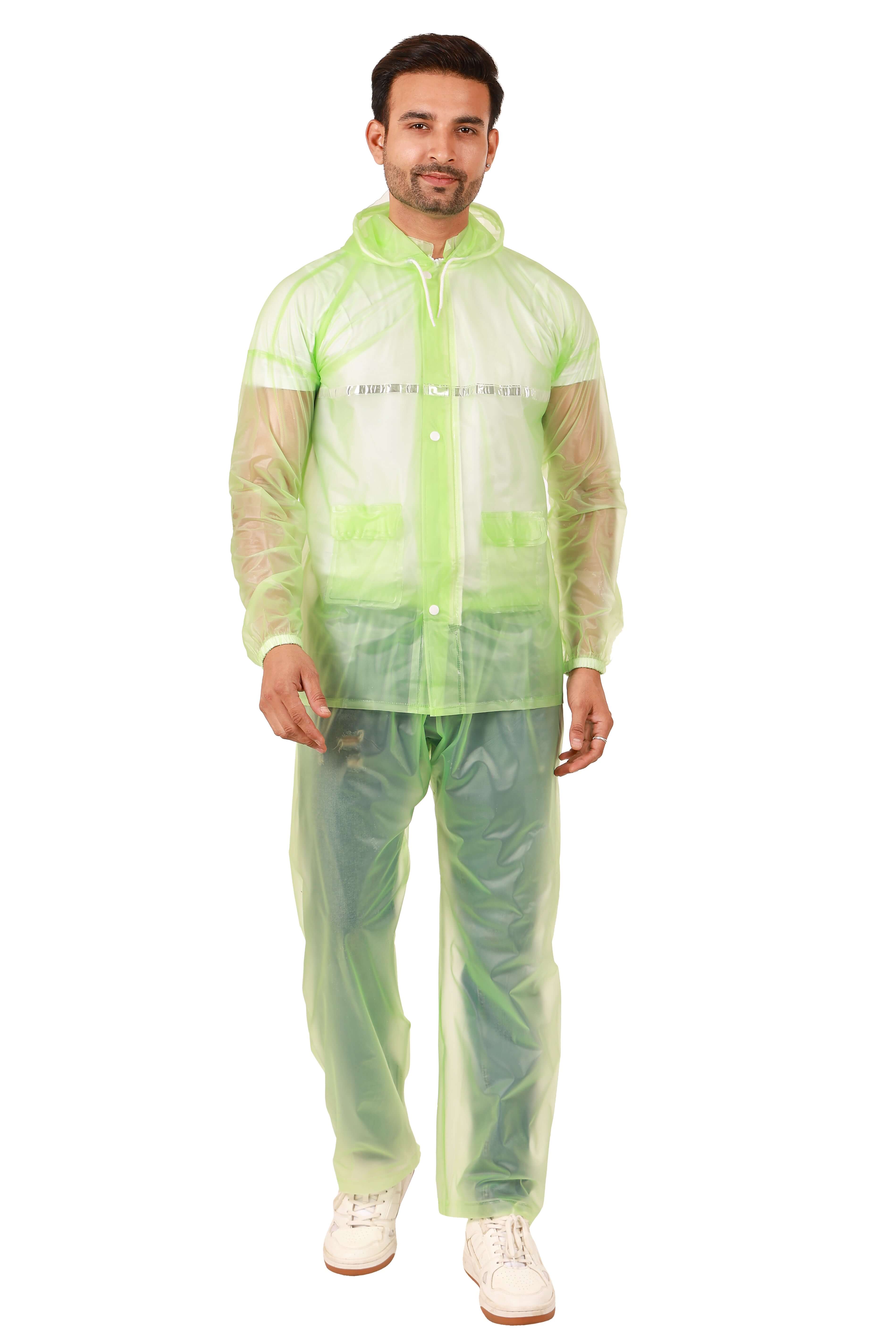Rainwear jacket with pant Green worn by a man, showcasing its waterproof design and adjustable features.
