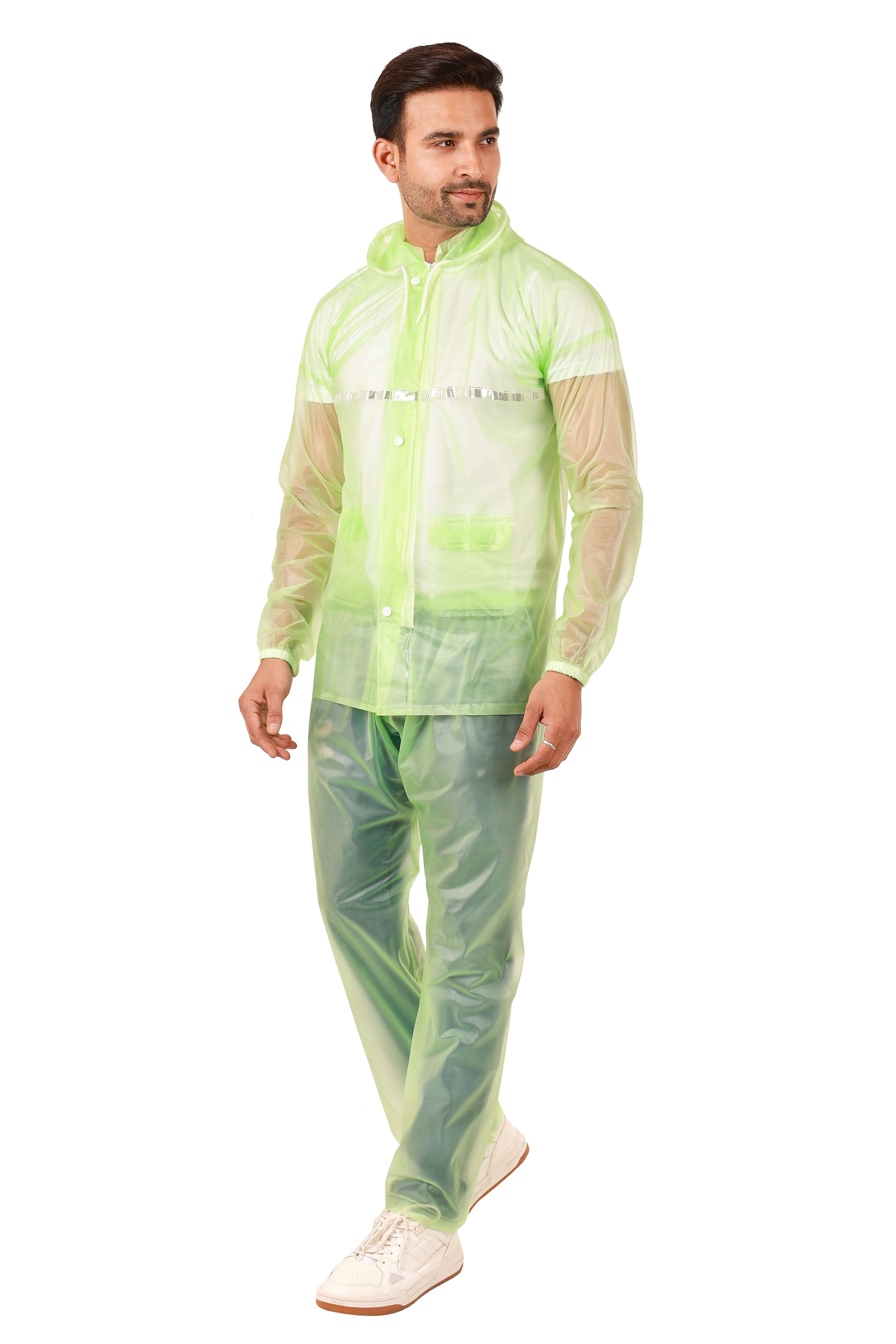 Rainwear jacket with pant Green worn by a man, featuring adjustable hood and elastic waist pants.