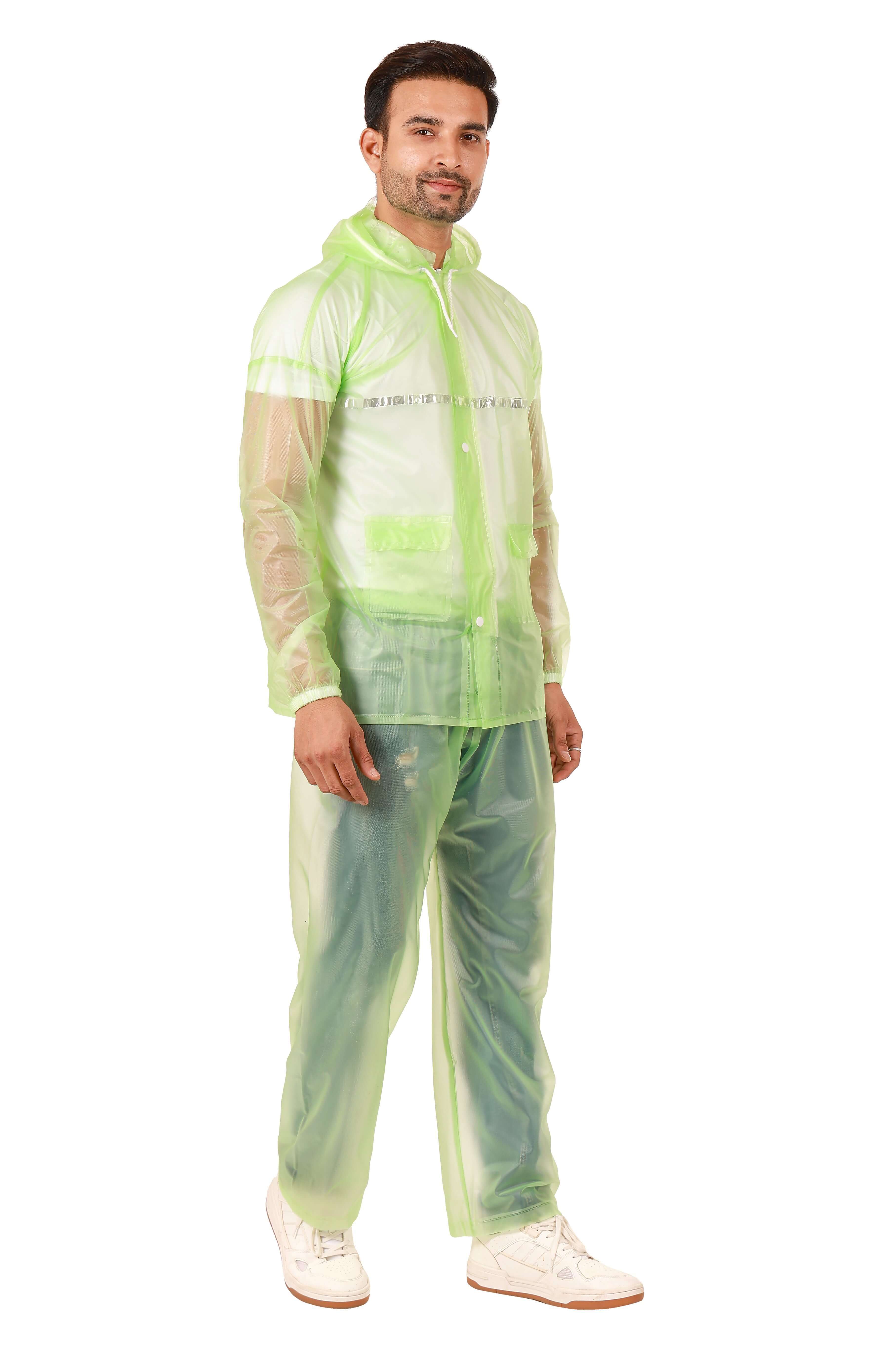Rainwear jacket with pant Green worn by a man, showcasing a waterproof design with an adjustable hood.