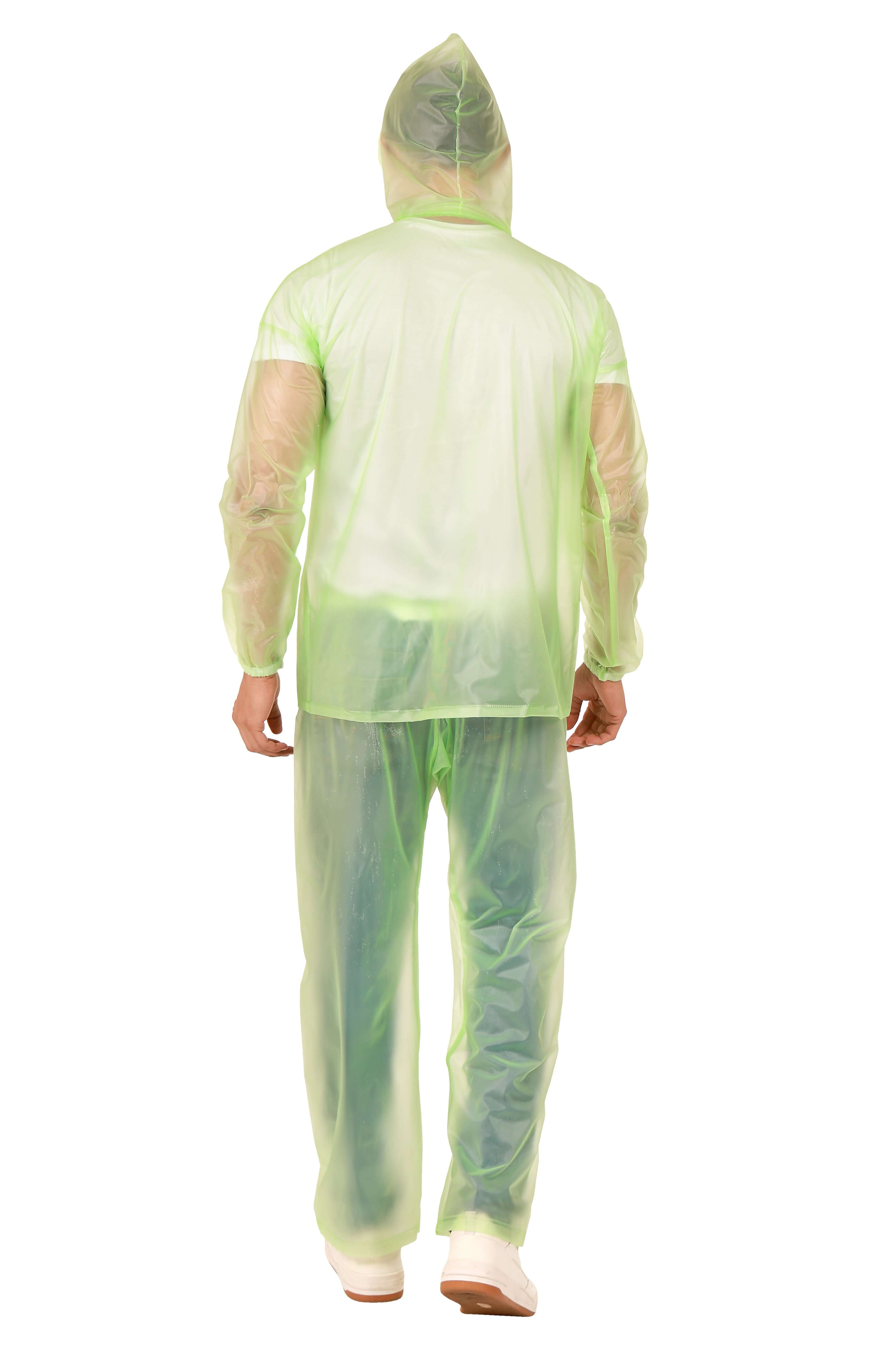 Rainwear jacket with pant Green worn by a man, showcasing the adjustable hood and straight-leg pants.