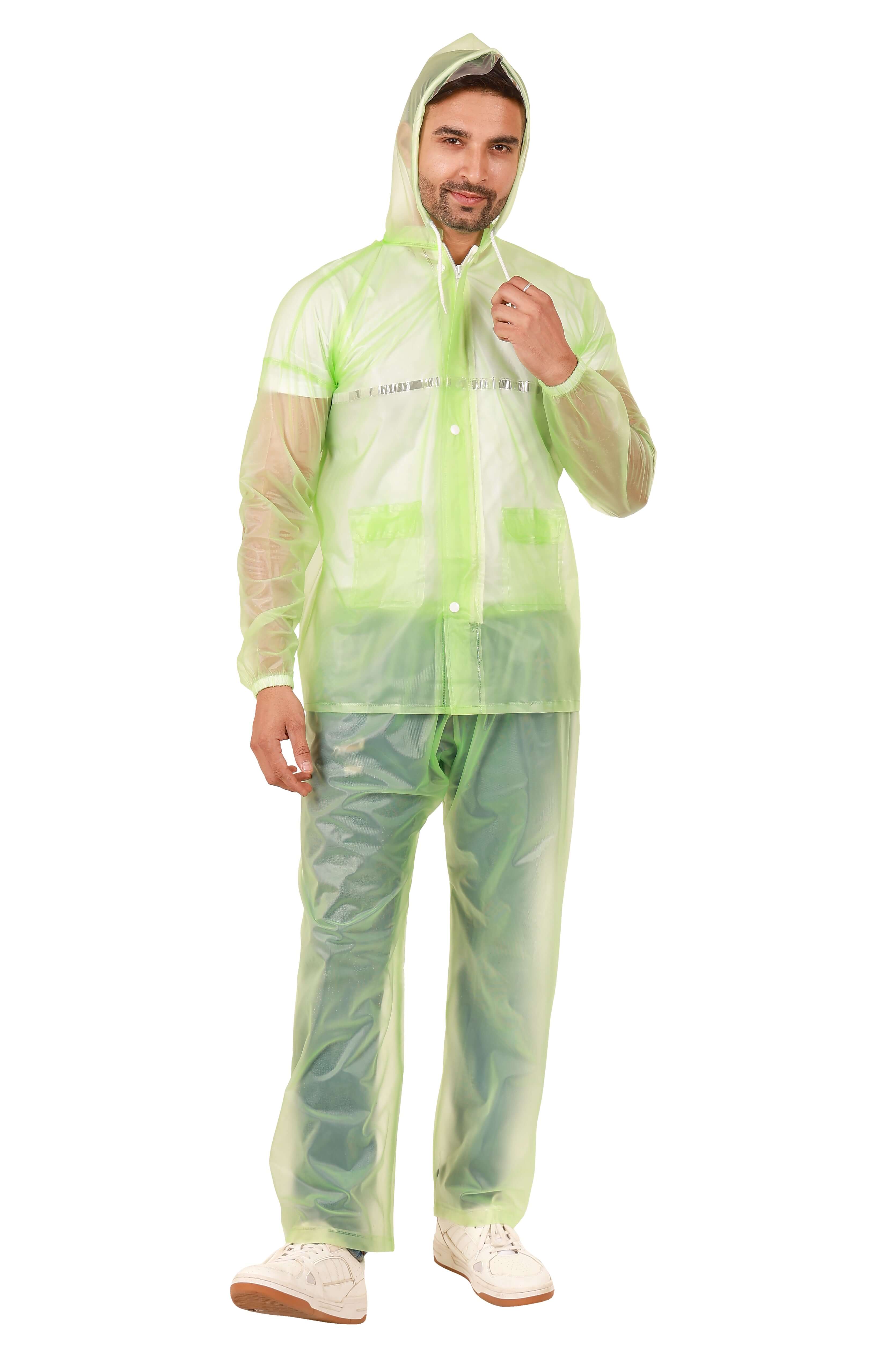 Rainwear jacket with pant Green worn by a man, featuring adjustable hood and full front zipper, perfect for wet weather.