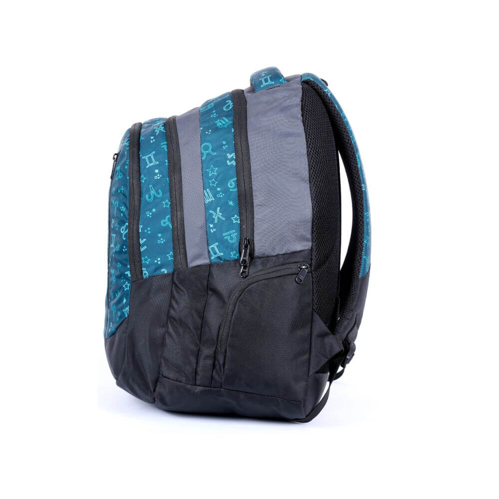 Jezz Casual Unisex School Bag 38 Liters (Blue) side view showcasing compartments and durable fabric.