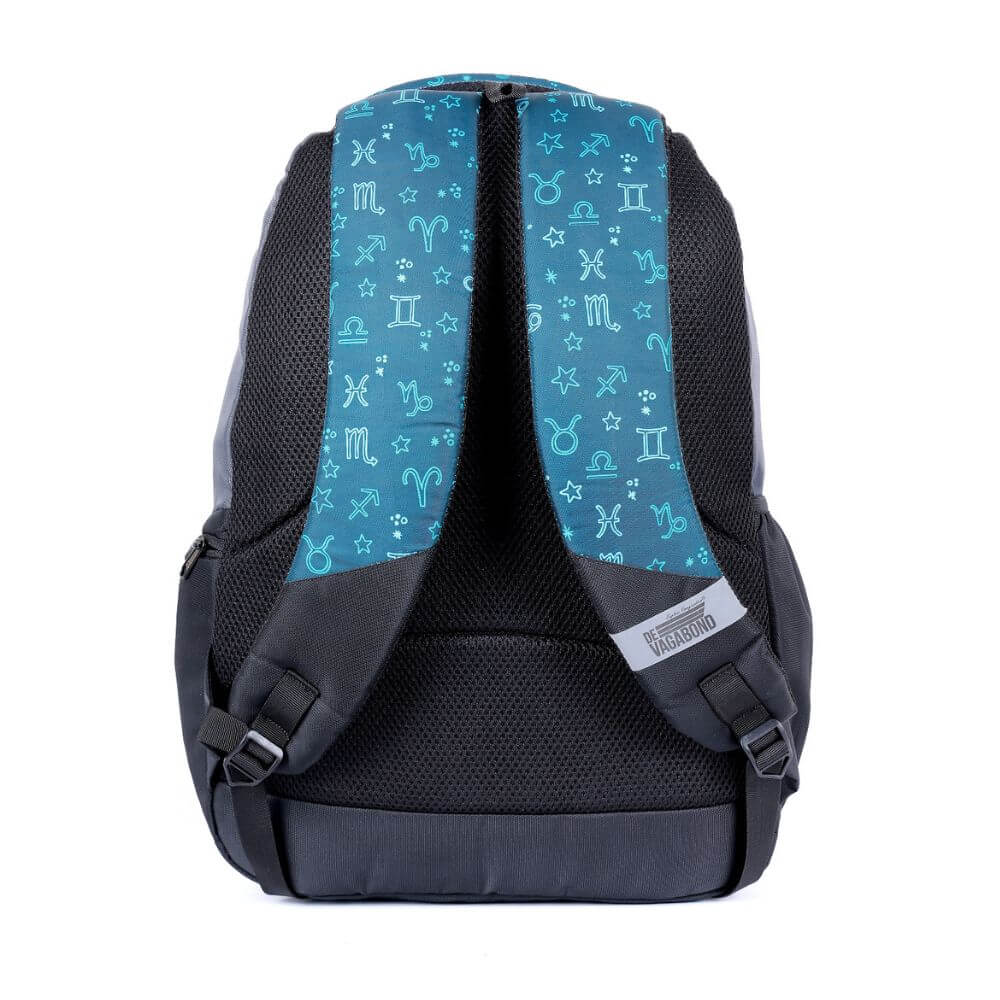 Jezz Casual Unisex School Bag 38 Liters (Blue) showing padded shoulder straps with a stylish zodiac design.
