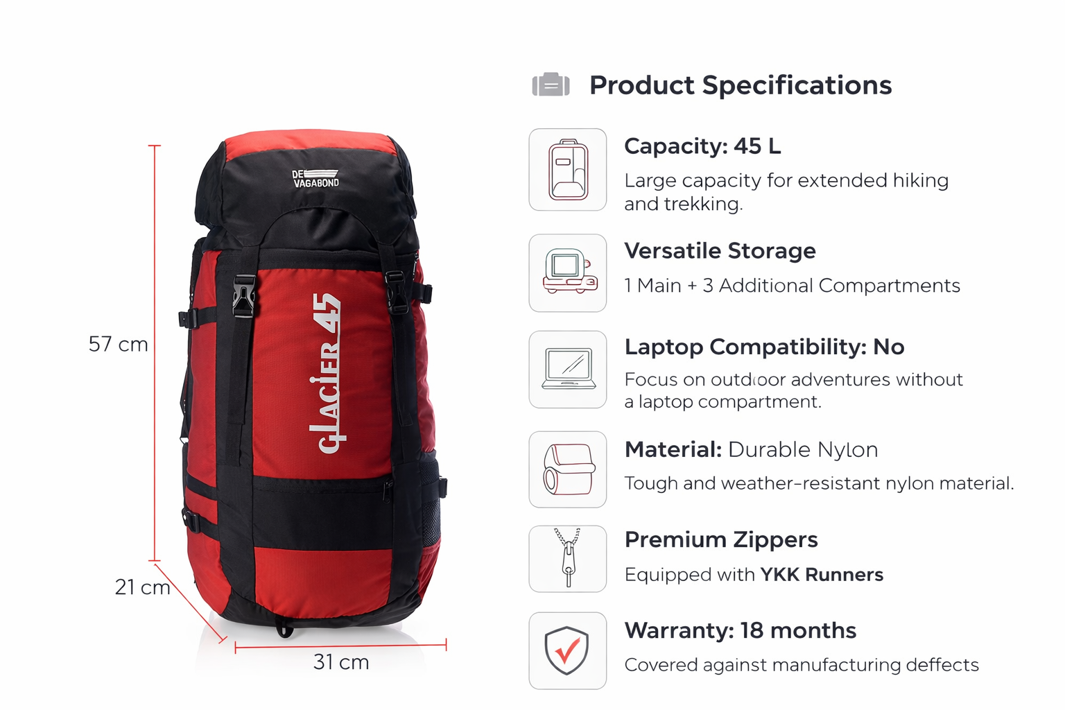Devagabond Glacier 45 trekking/traveling Rucksack 45L. (Red)
