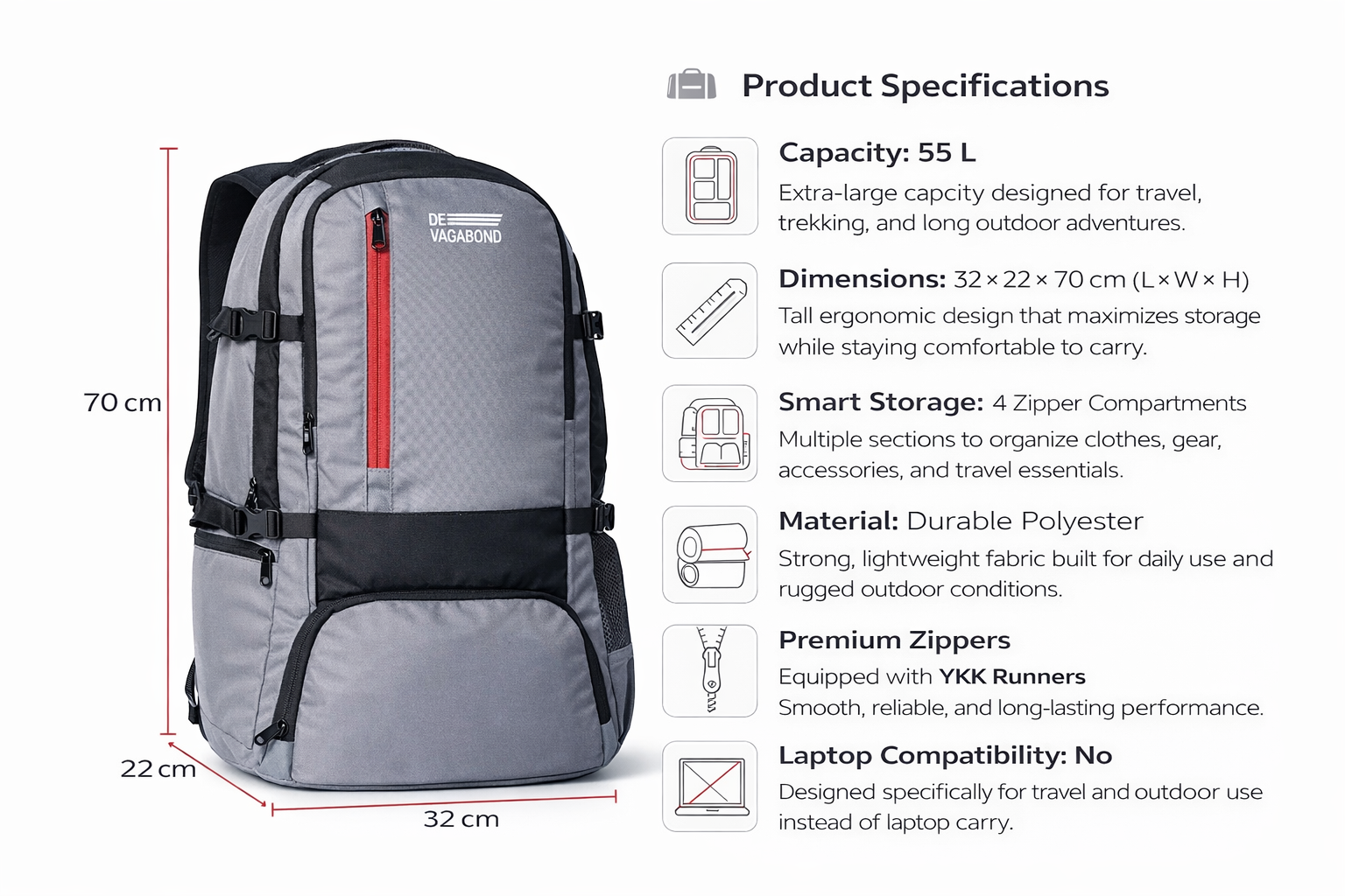 Devagabond Glacier rucksack/trekking bag 55L. with shoe compartment (Grey)