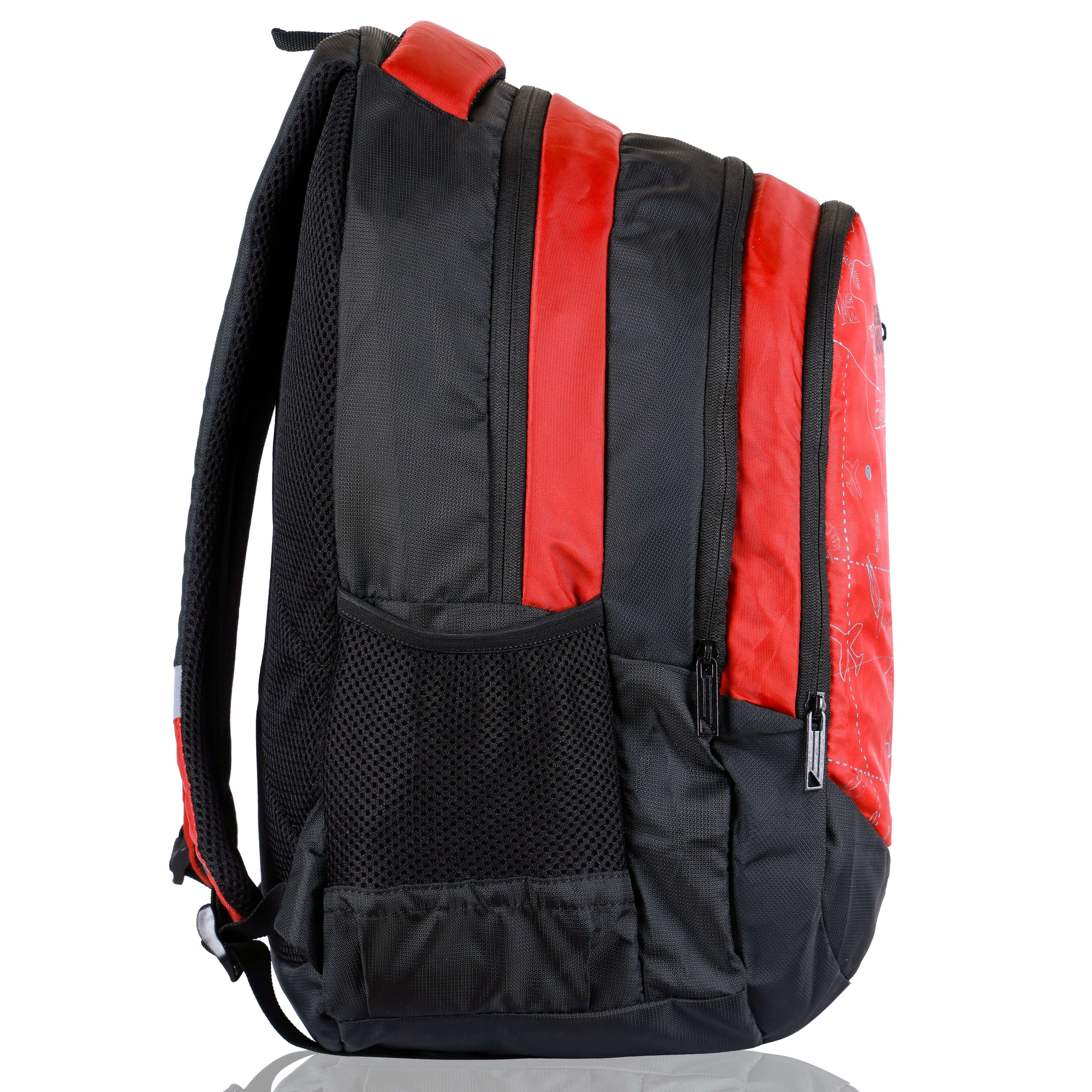 Jezz school backpack 35 L. (red) side view showcasing durable fabric and multiple compartments.