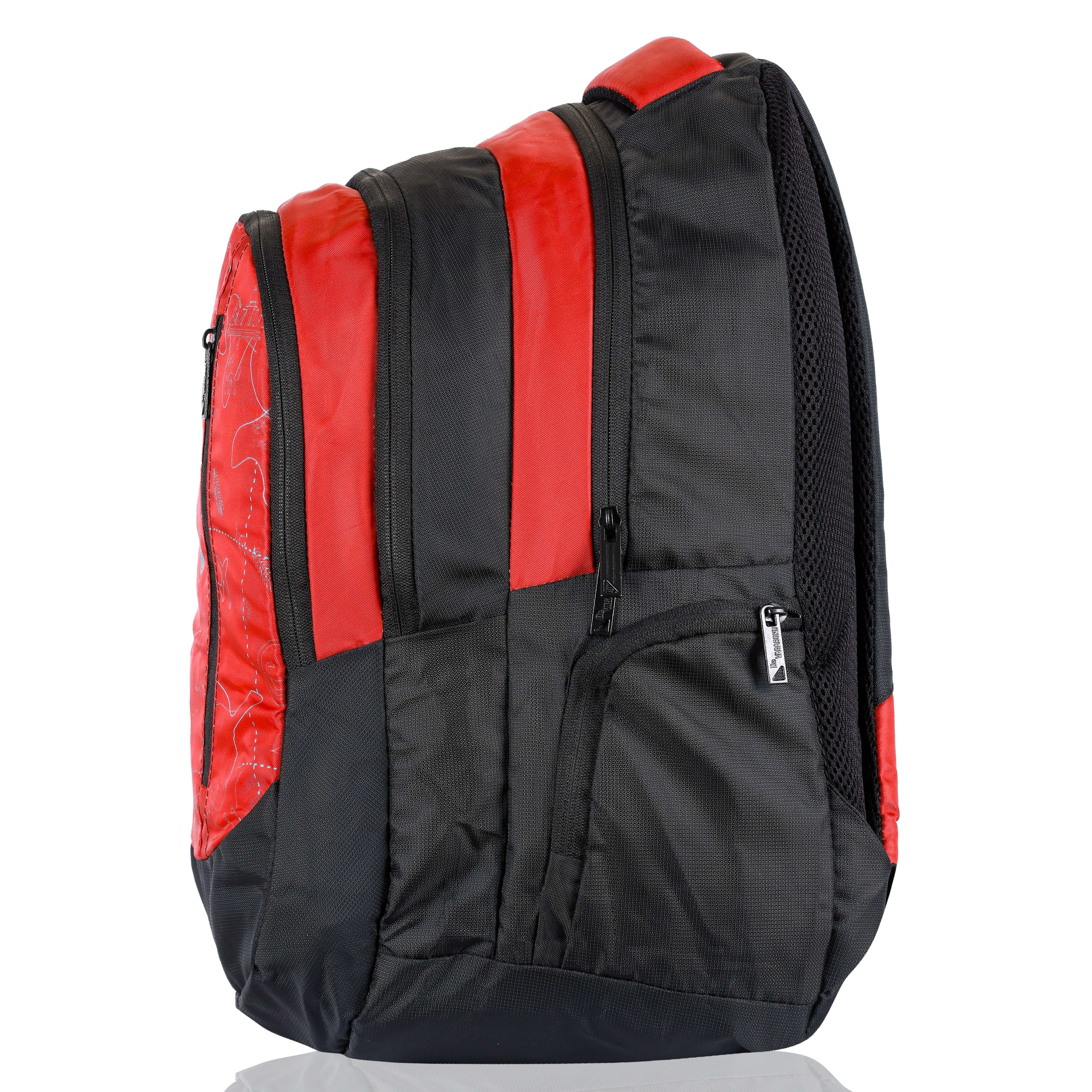 Jezz school backpack 35 L. (red) side view showcasing multiple compartments and durable fabric.