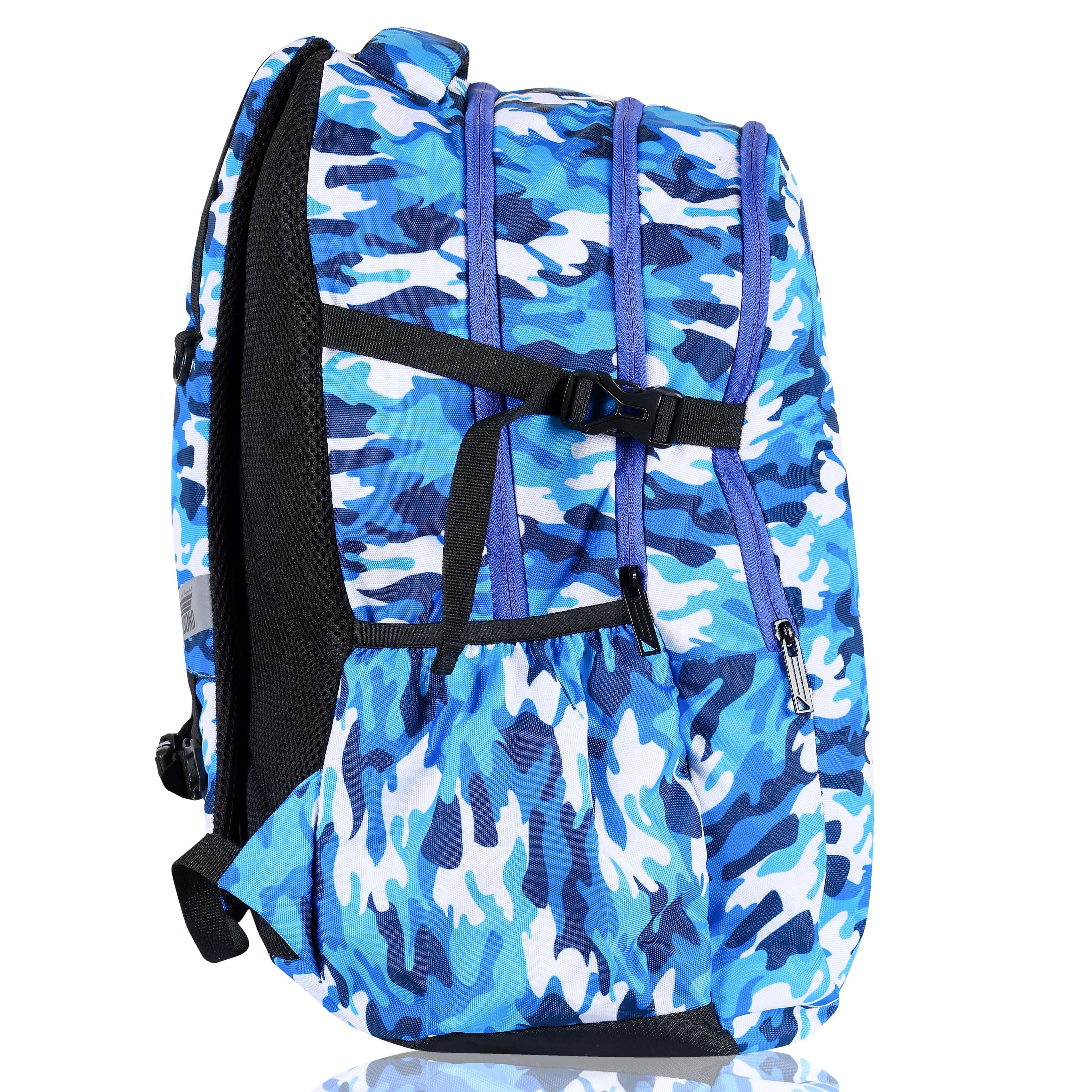 Splash 3.21 school/college bag 45L. with shoe compartment (Blue) side view, featuring durable fabric and adjustable straps.