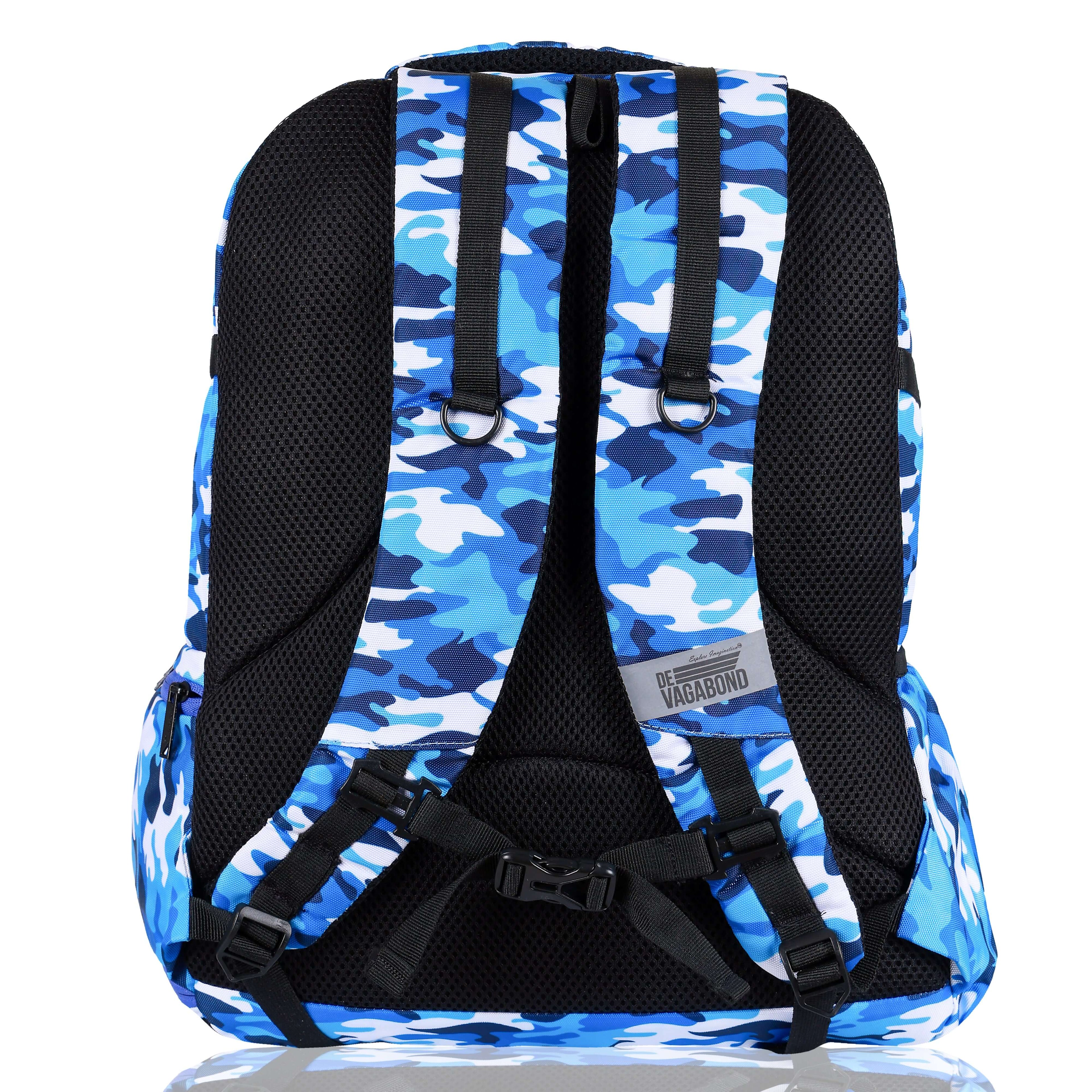 Splash 3.21 school/college bag 45L. with shoe compartment (Blue) back view showcasing padded shoulder straps.